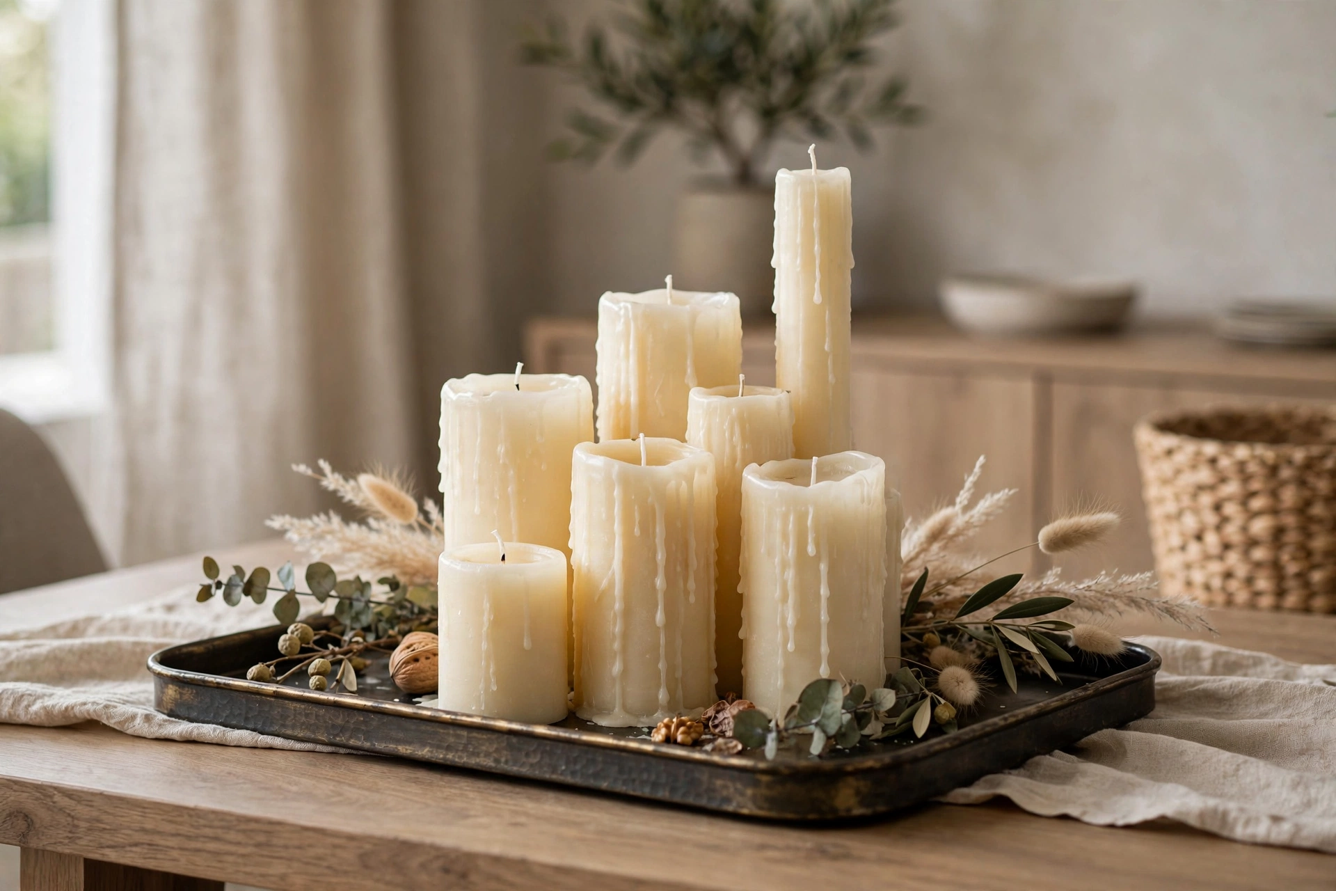 Cluster of candles in varying heights on buffet tray