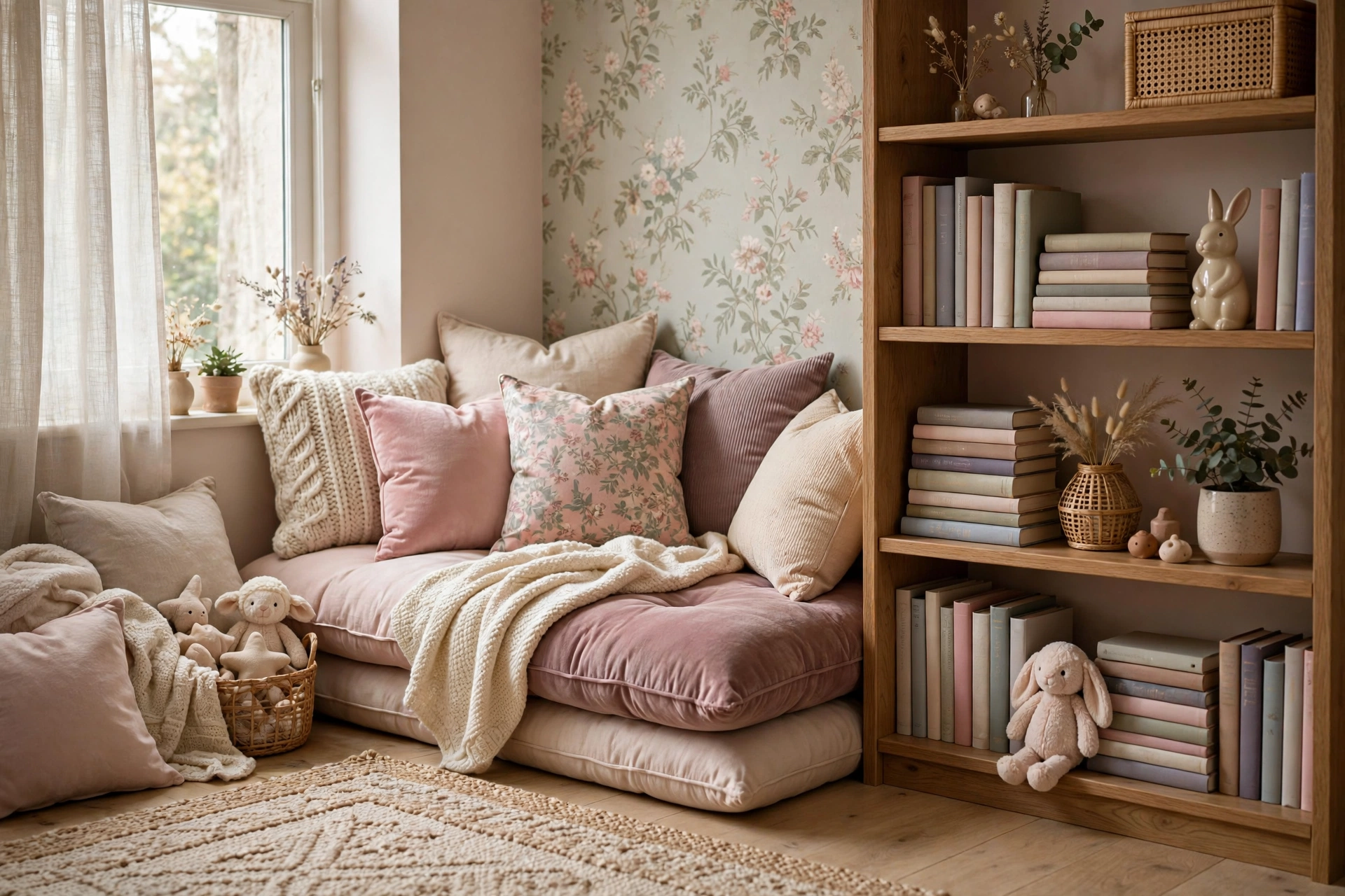 Cozy reading nook with cushions and bookshelf in girls bedroom