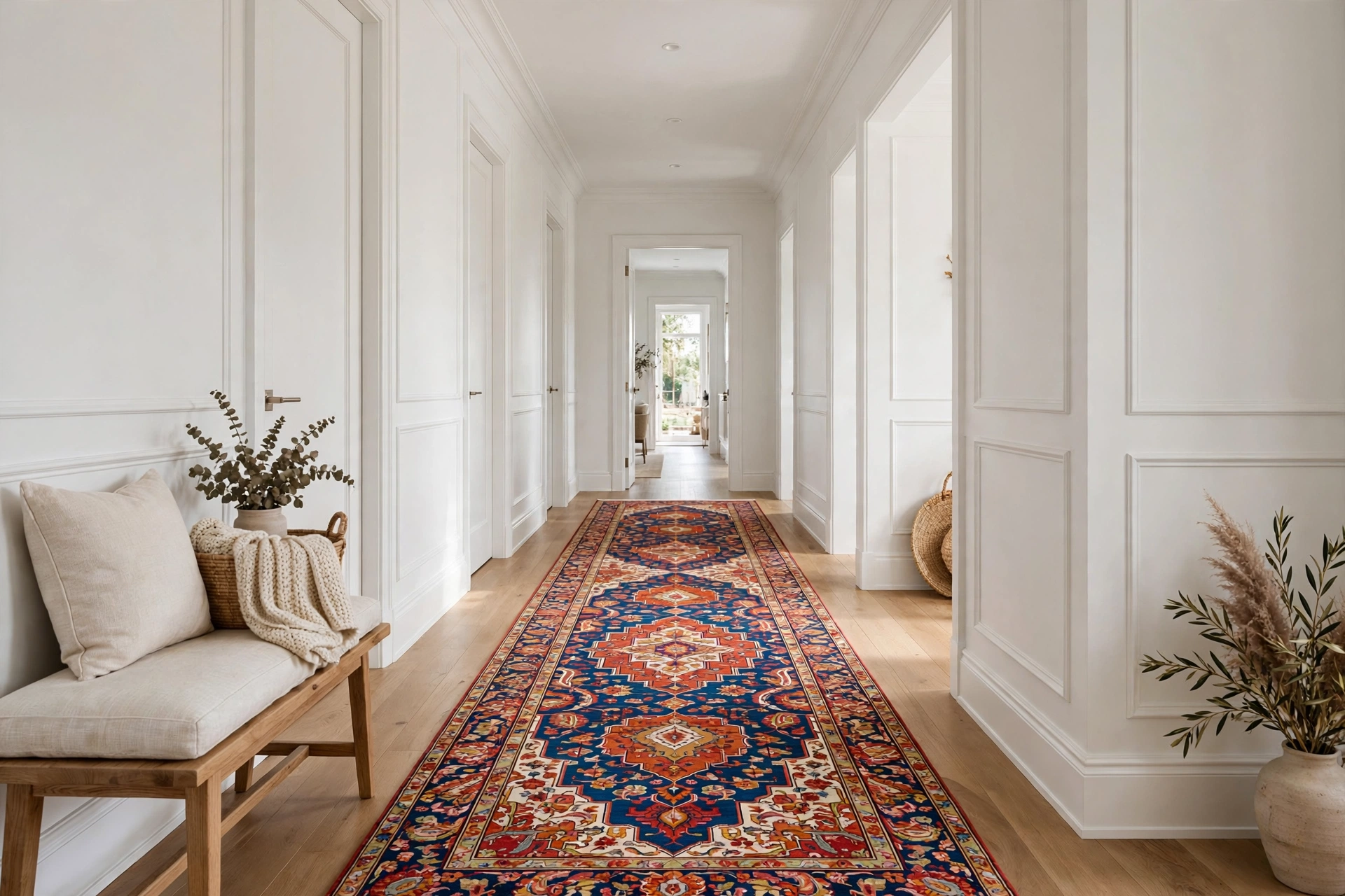 Bold Persian-pattern runner rug adding personality to a white neutral hallway