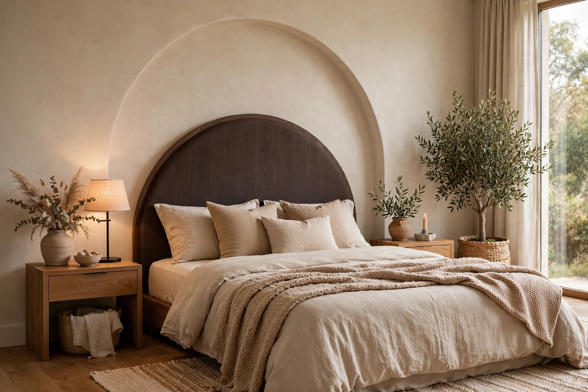 Arched headboard silhouette softening a cozy contemporary bedroom design