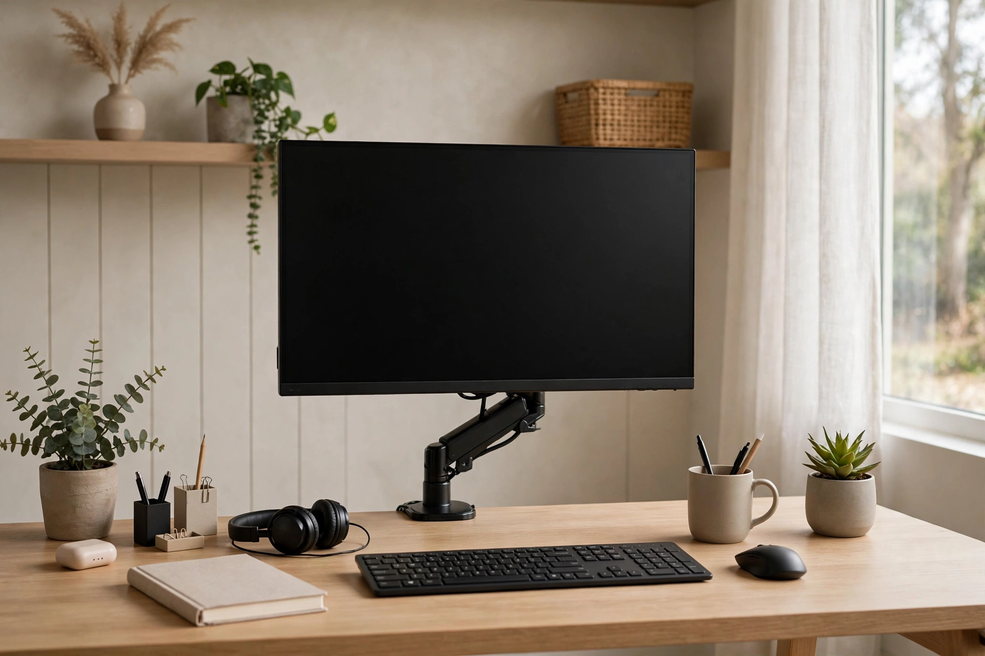 Monitor on adjustable arm at eye level above tidy home office desk