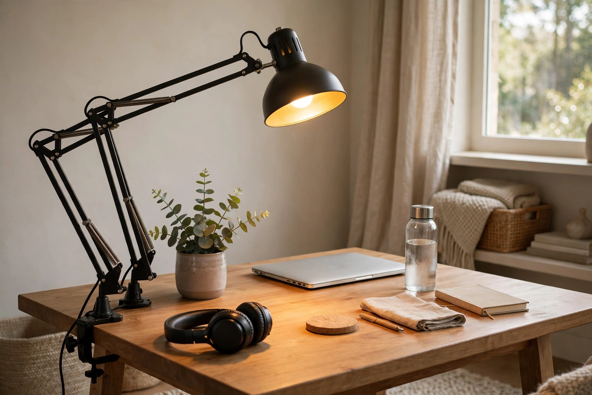 Adjustable articulated desk lamp with warm light on home office desk
