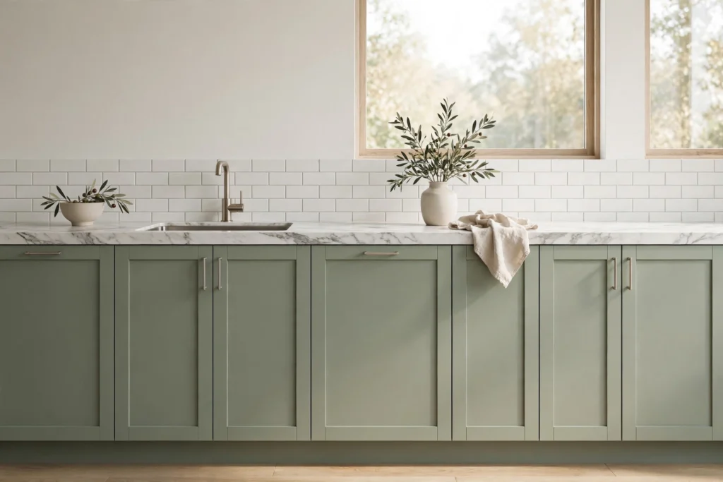 White marble countertop with gray veining over sage green kitchen cabinets