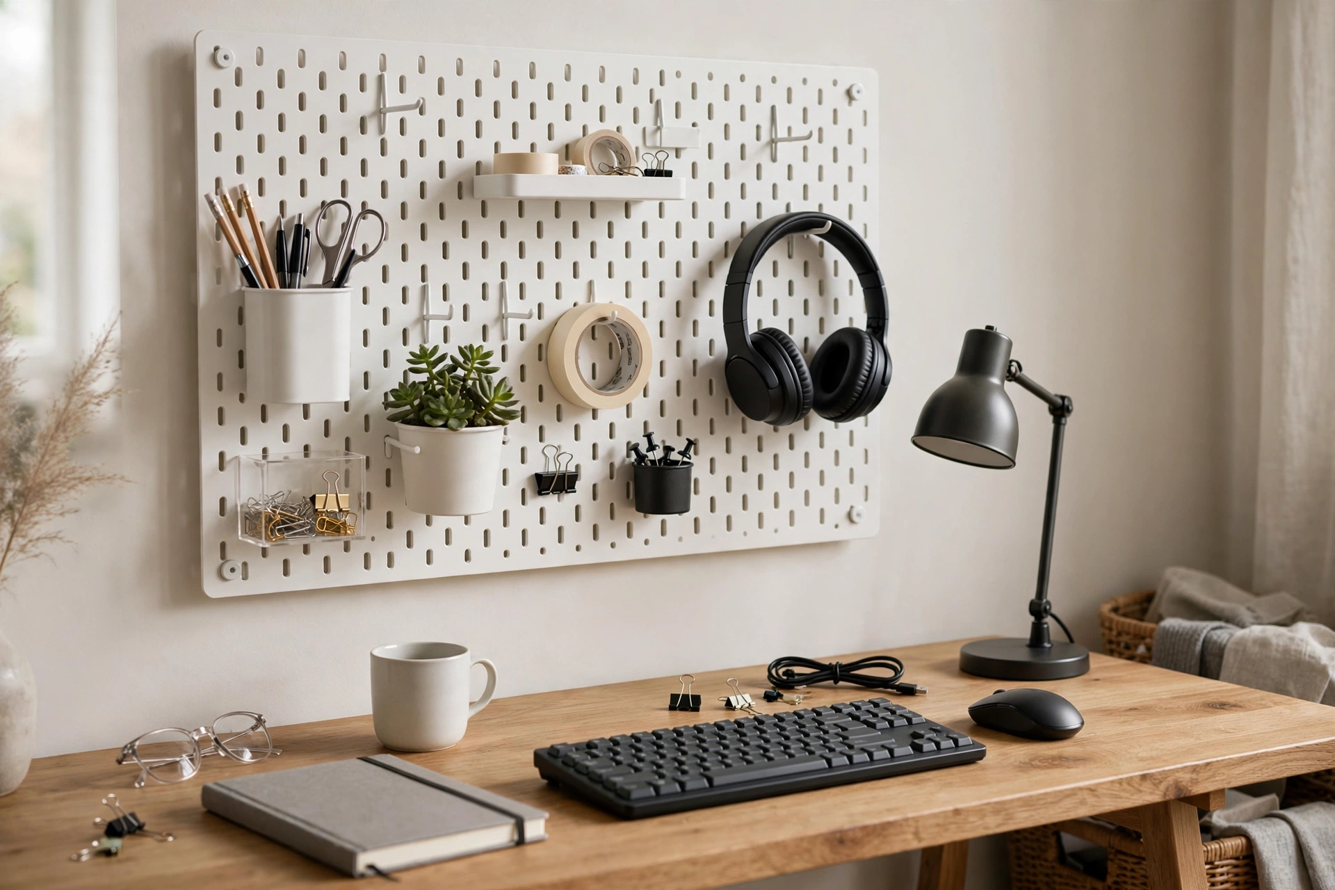 White pegboard above desk holding office supplies and headphones