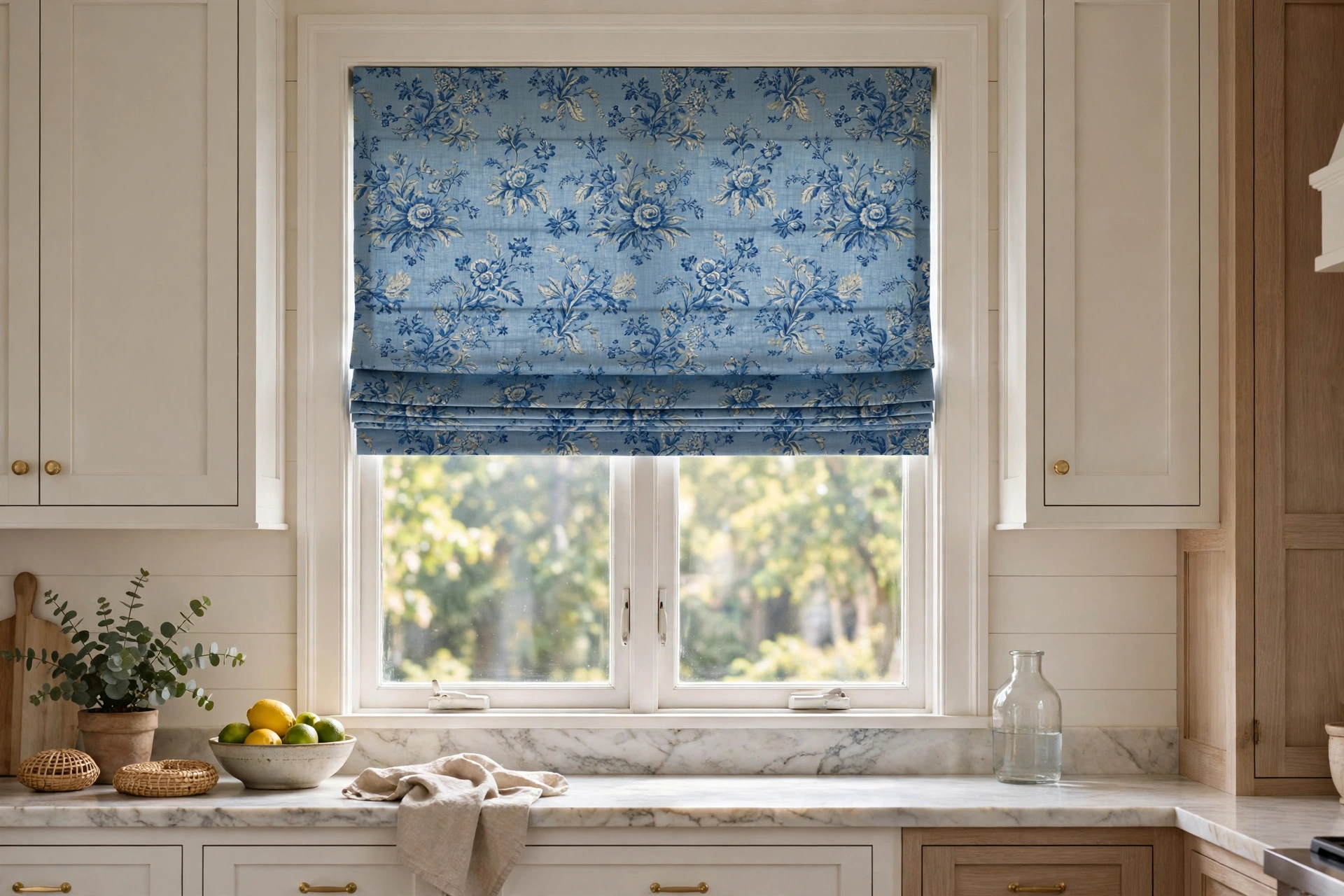 Patterned roman shade in blue floral fabric on a kitchen window
