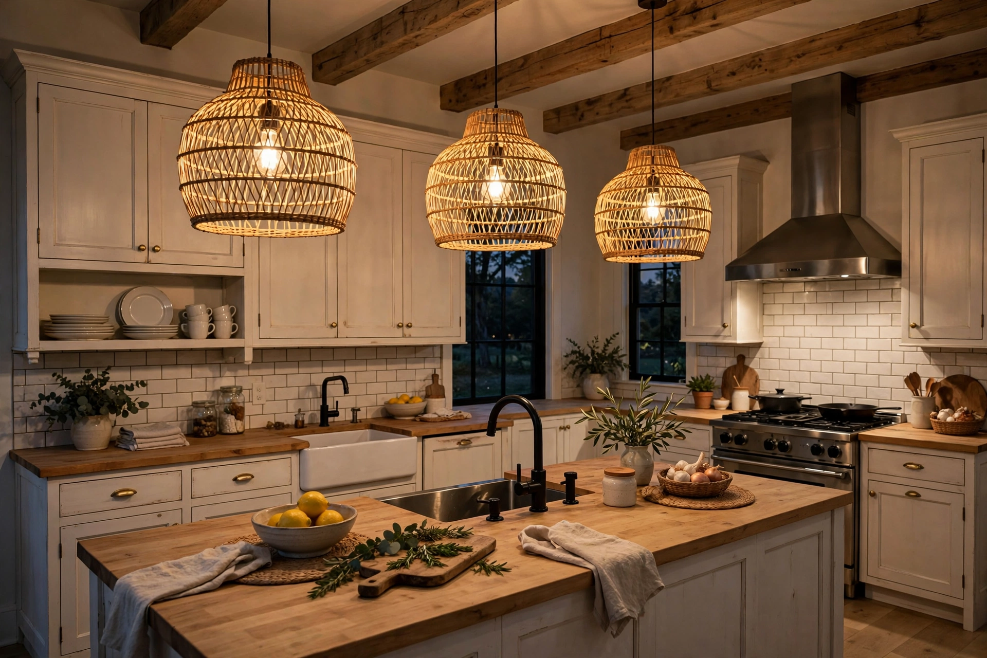Woven rattan pendant lights casting warm glow in a farmhouse kitchen