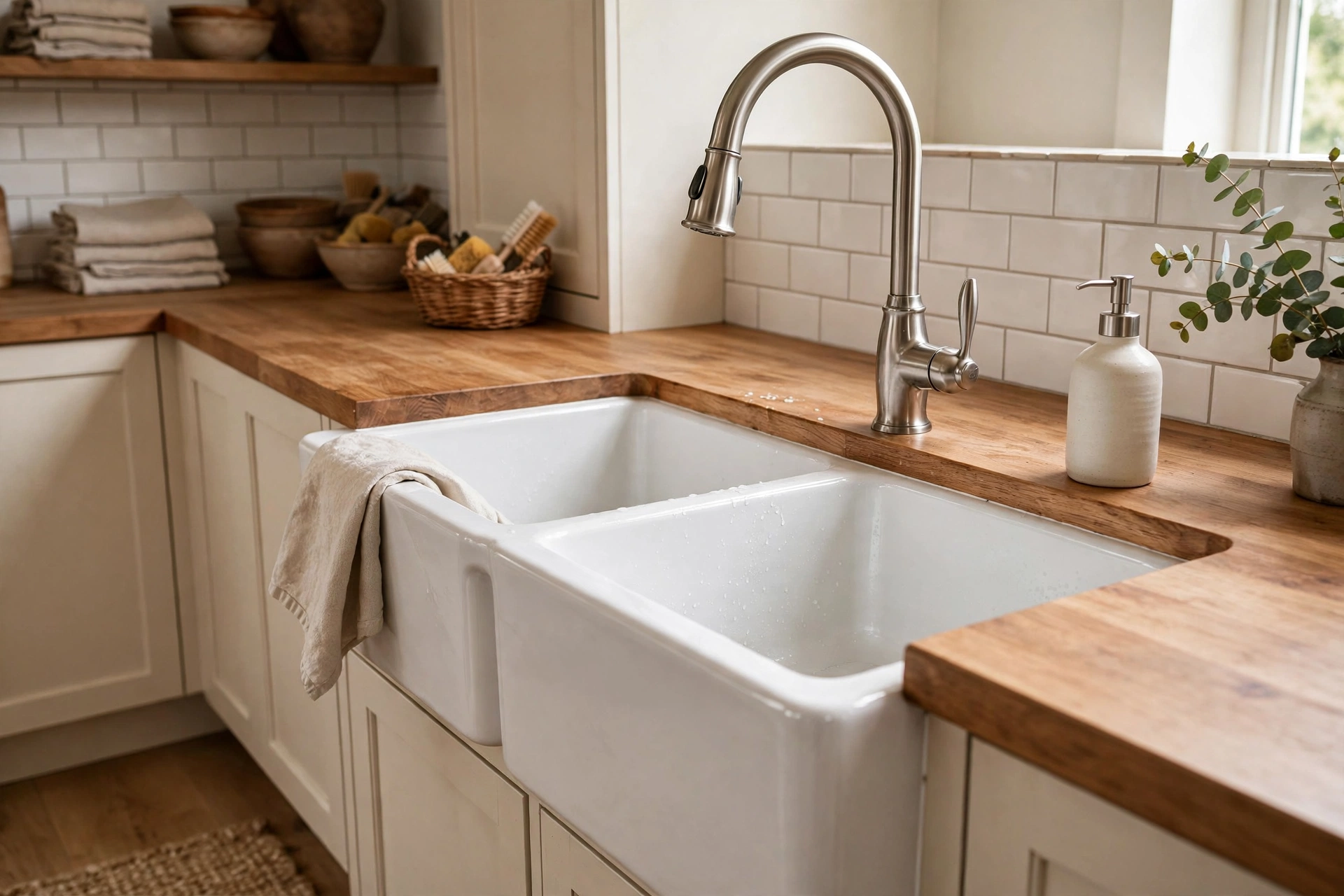 Double-basin white farmhouse sink with high-arc faucet for hand washing