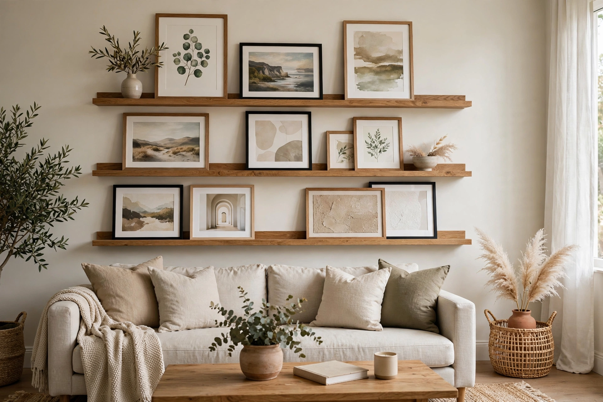 Picture ledge shelves layered with framed art in living room
