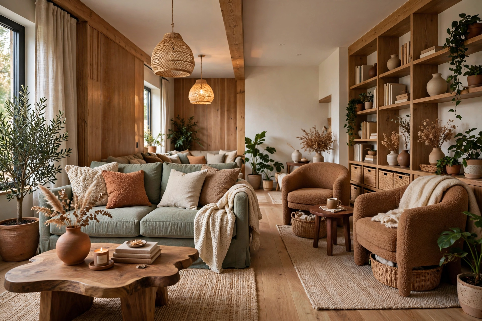 Long rectangular living room layout split into two cozy zones