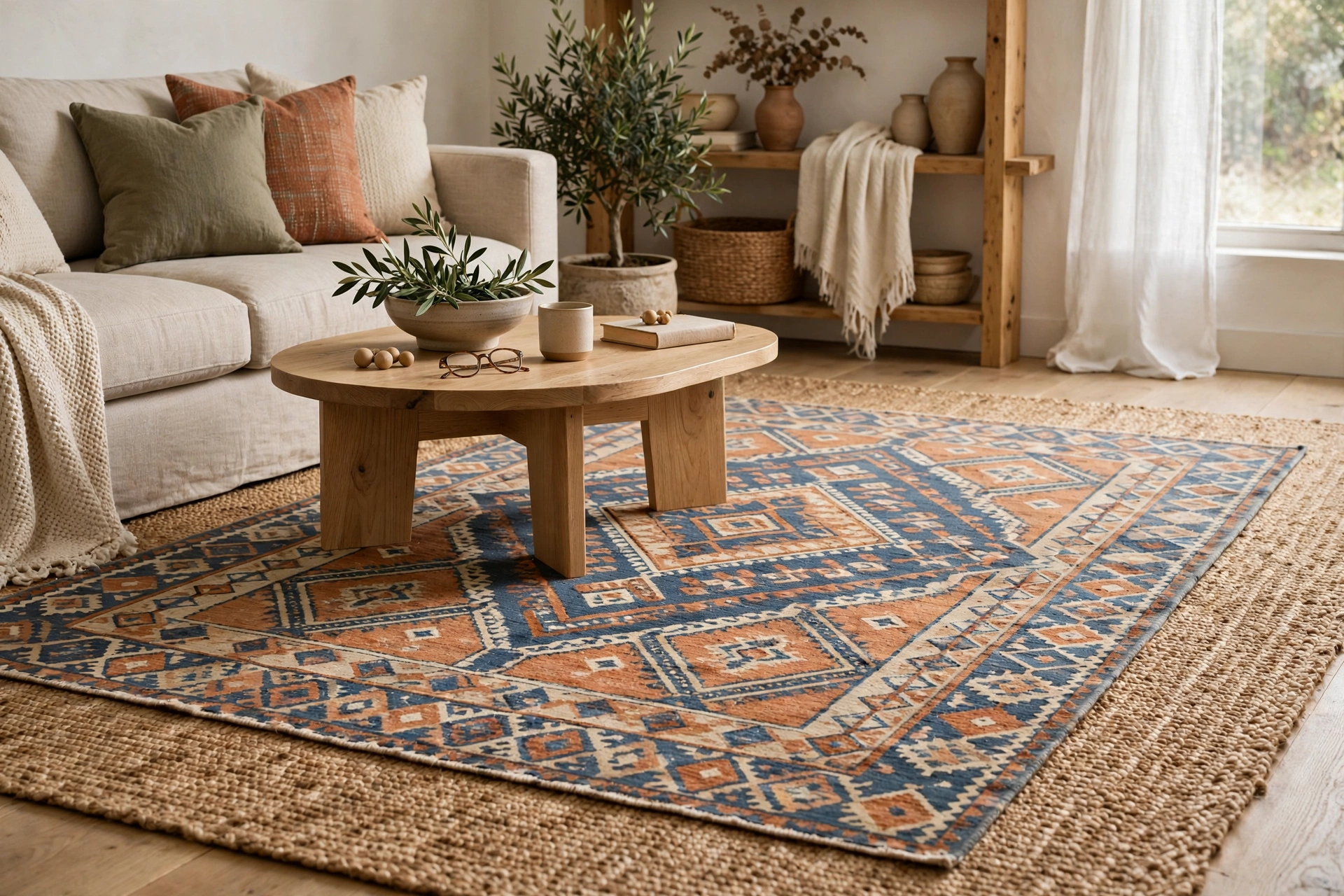 Layered living room rugs with a patterned rug over jute