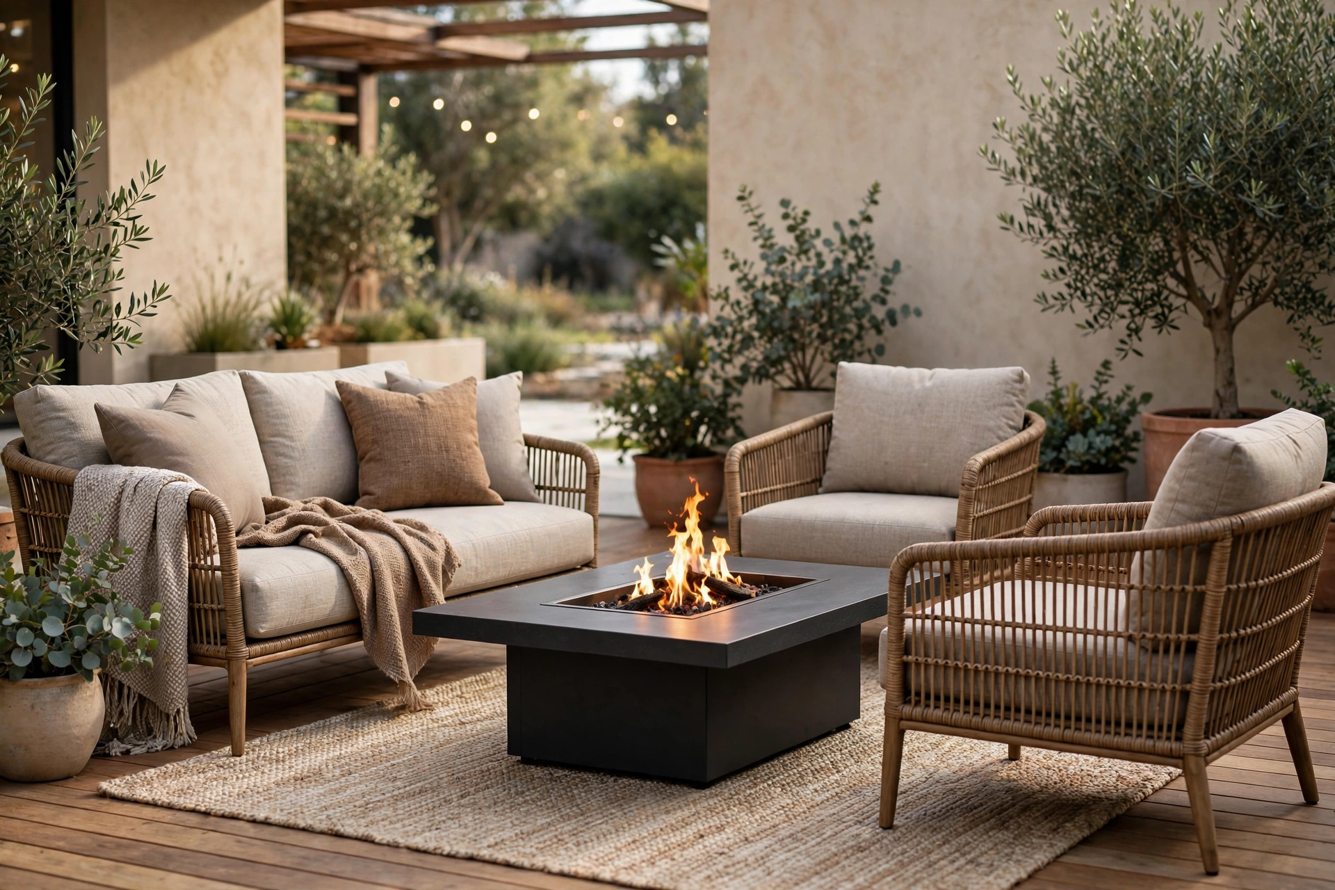 Outdoor loveseat and chairs facing each other around fire table