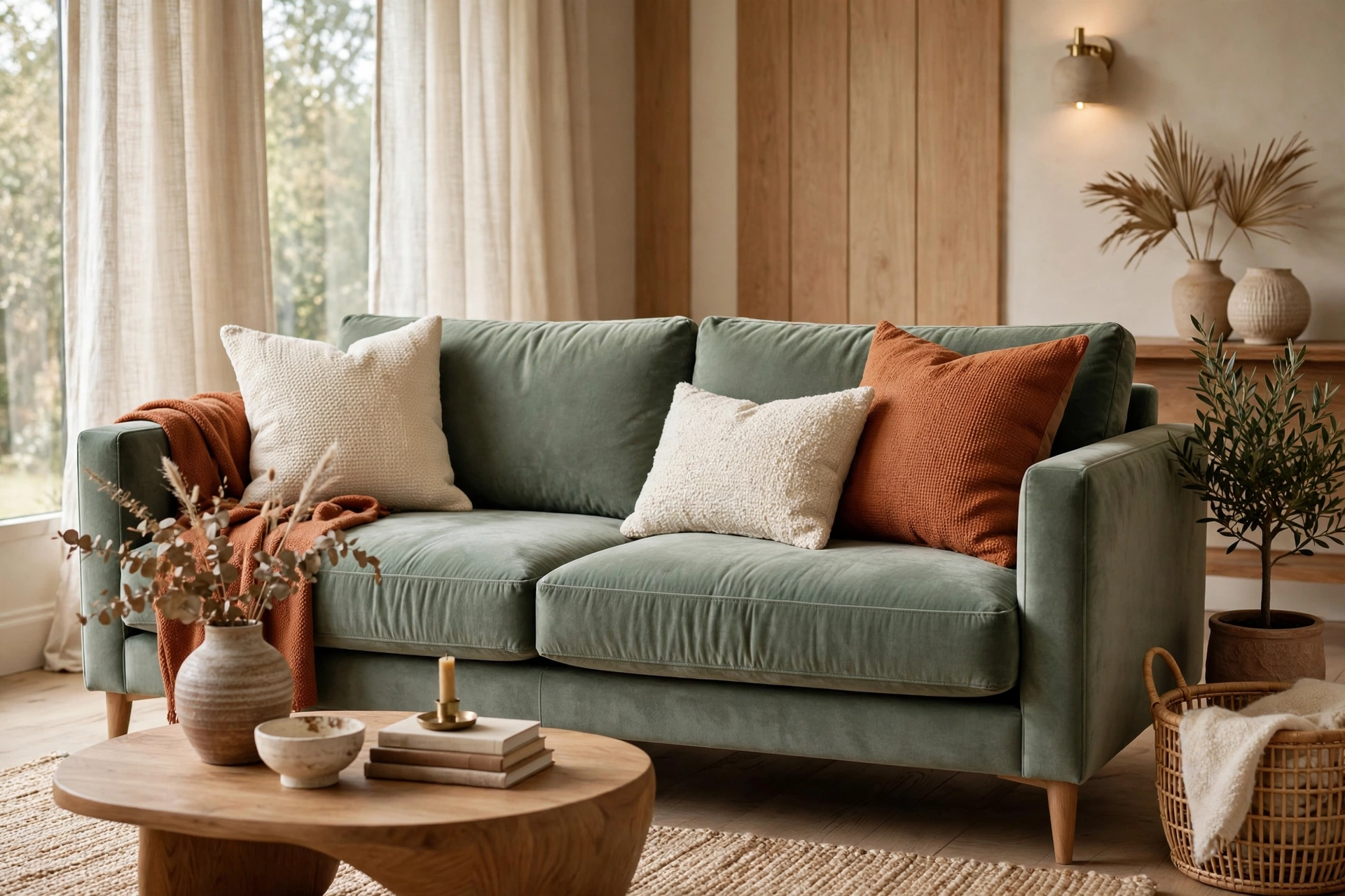 Sage green velvet sofa styled with cream and rust throw pillows