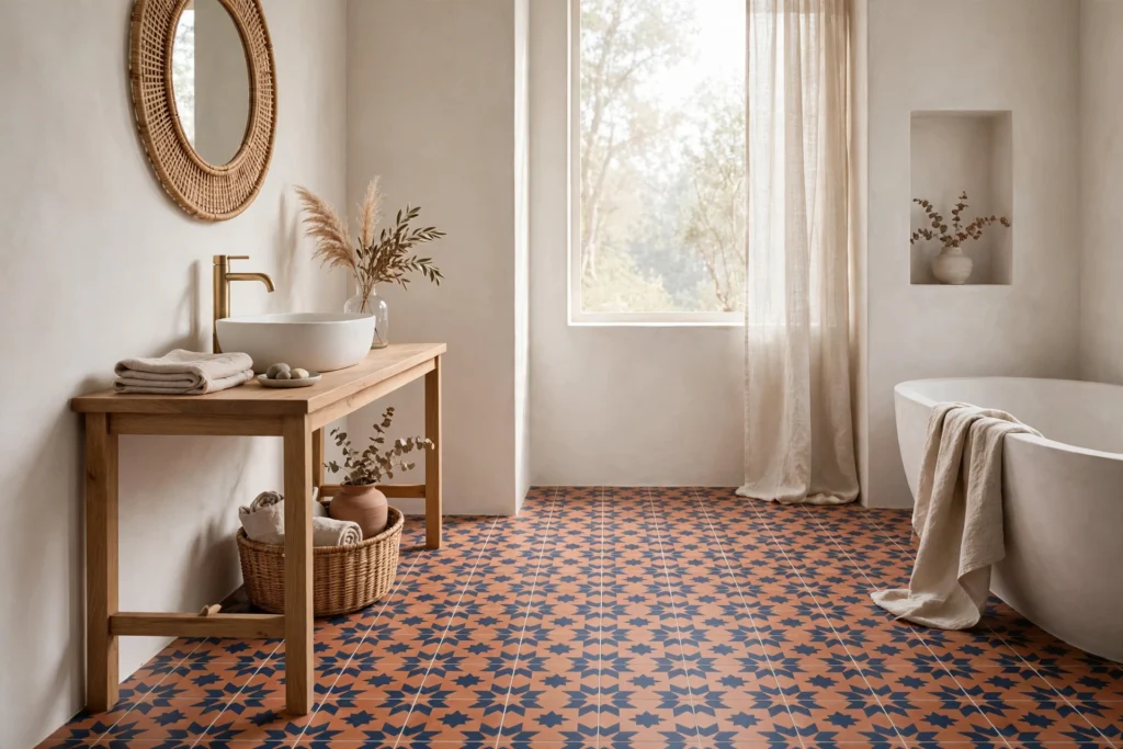 Patterned encaustic-look floor tile in terracotta and indigo in a boho bathroom