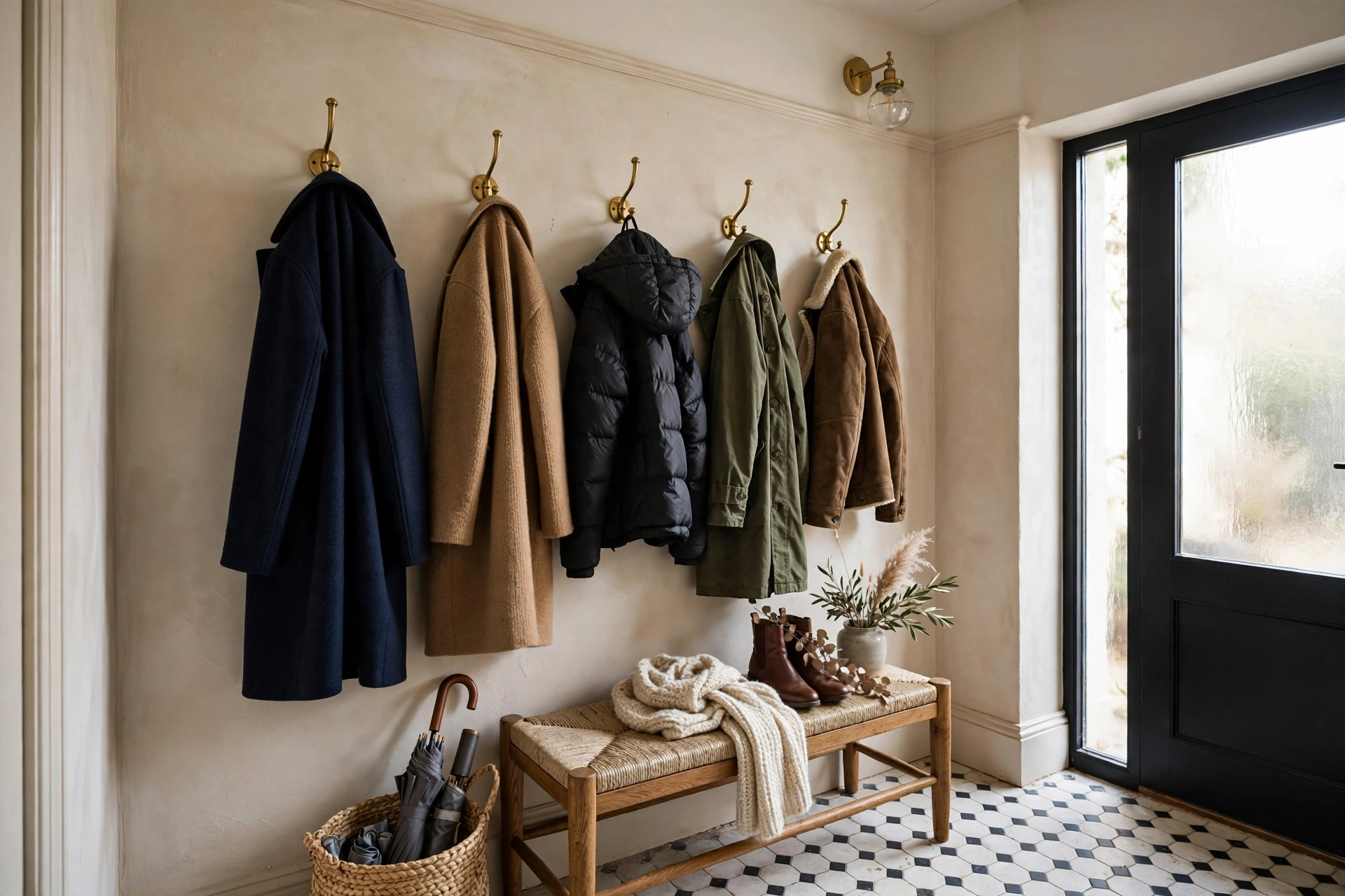 Row of brass wall hooks holding coats in small foyer
