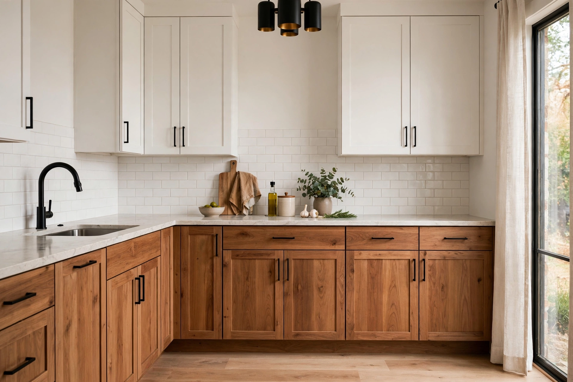 Warm wood lower cabinets paired with crisp white upper cabinets