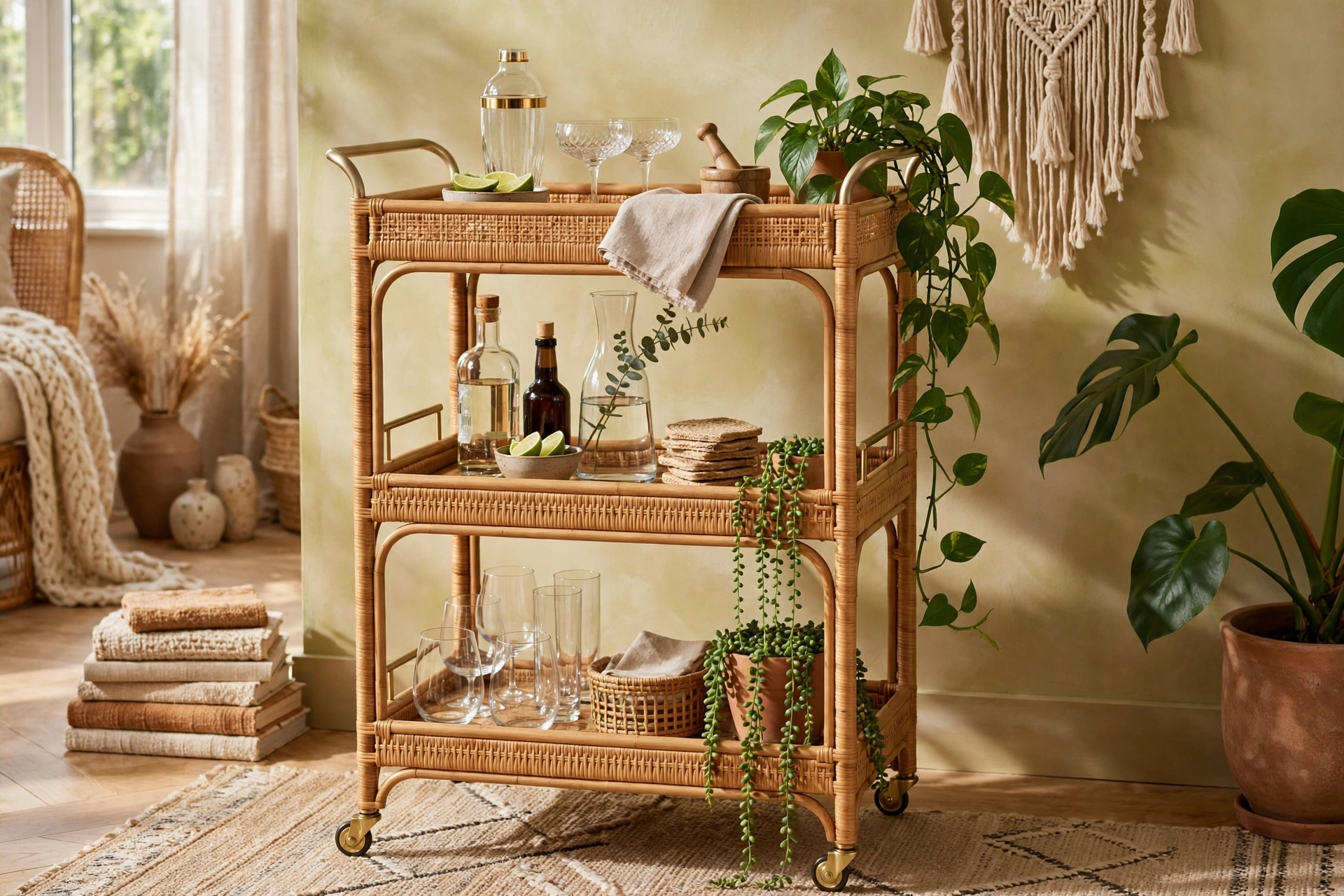 Boho Chic Bar Cart With Rattan Textures And Trailing Plants