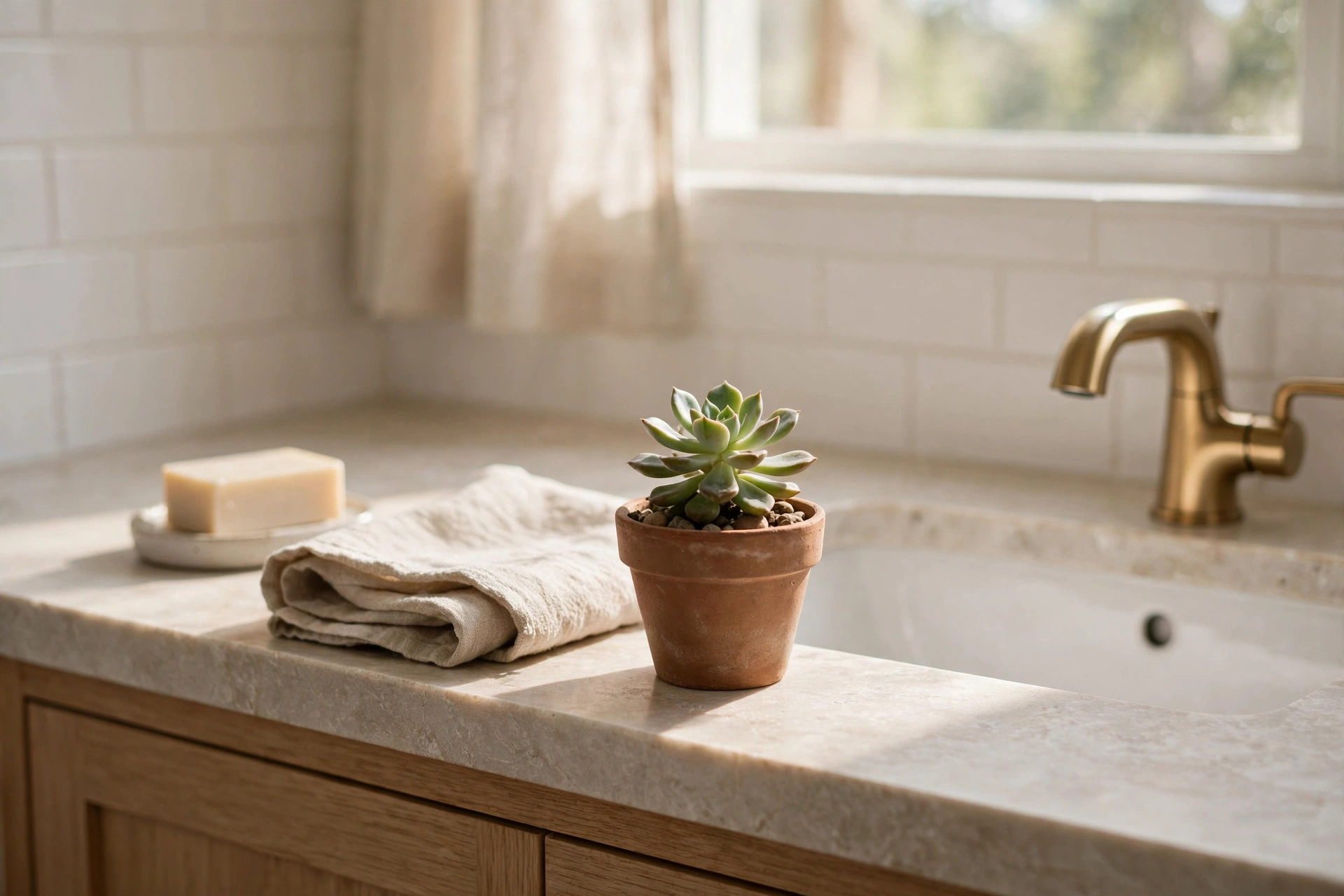 Small Potted Plant On Bathroom Sink Counter