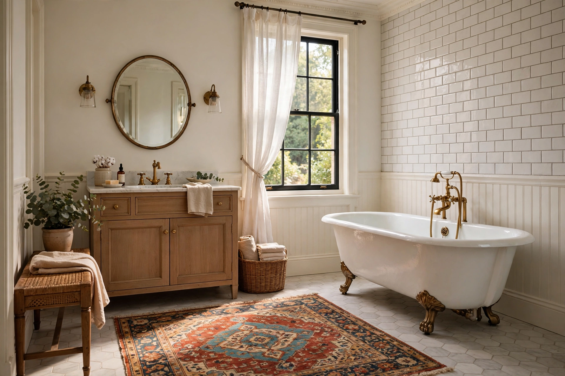 Vintage Patterned Rug In A Classic Bathroom With A Clawfoot Tub