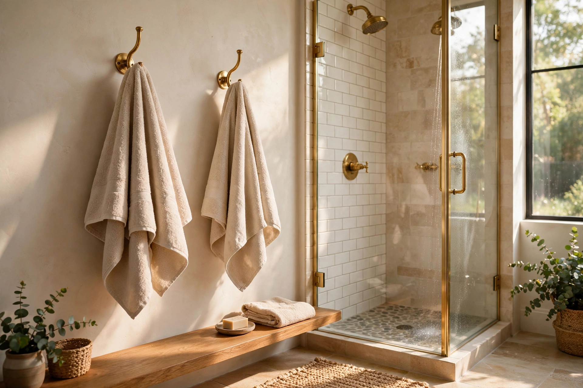 Brass Wall Hooks Holding Bath Towels Beside A Shower