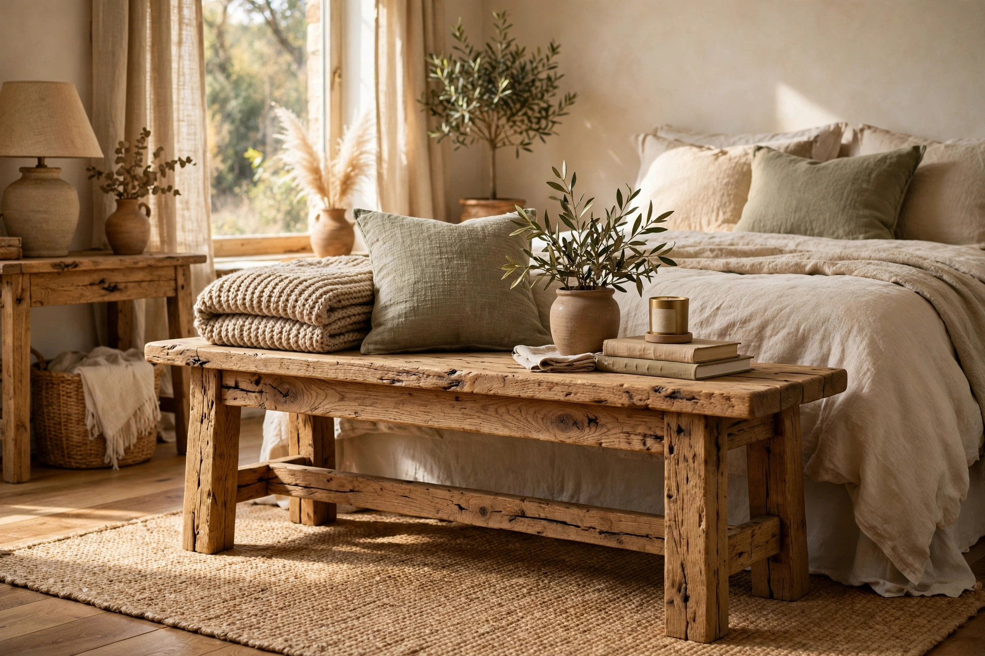 Rustic Solid Oak Wooden Bench with Natural Matte Finish in Cozy Bedroom