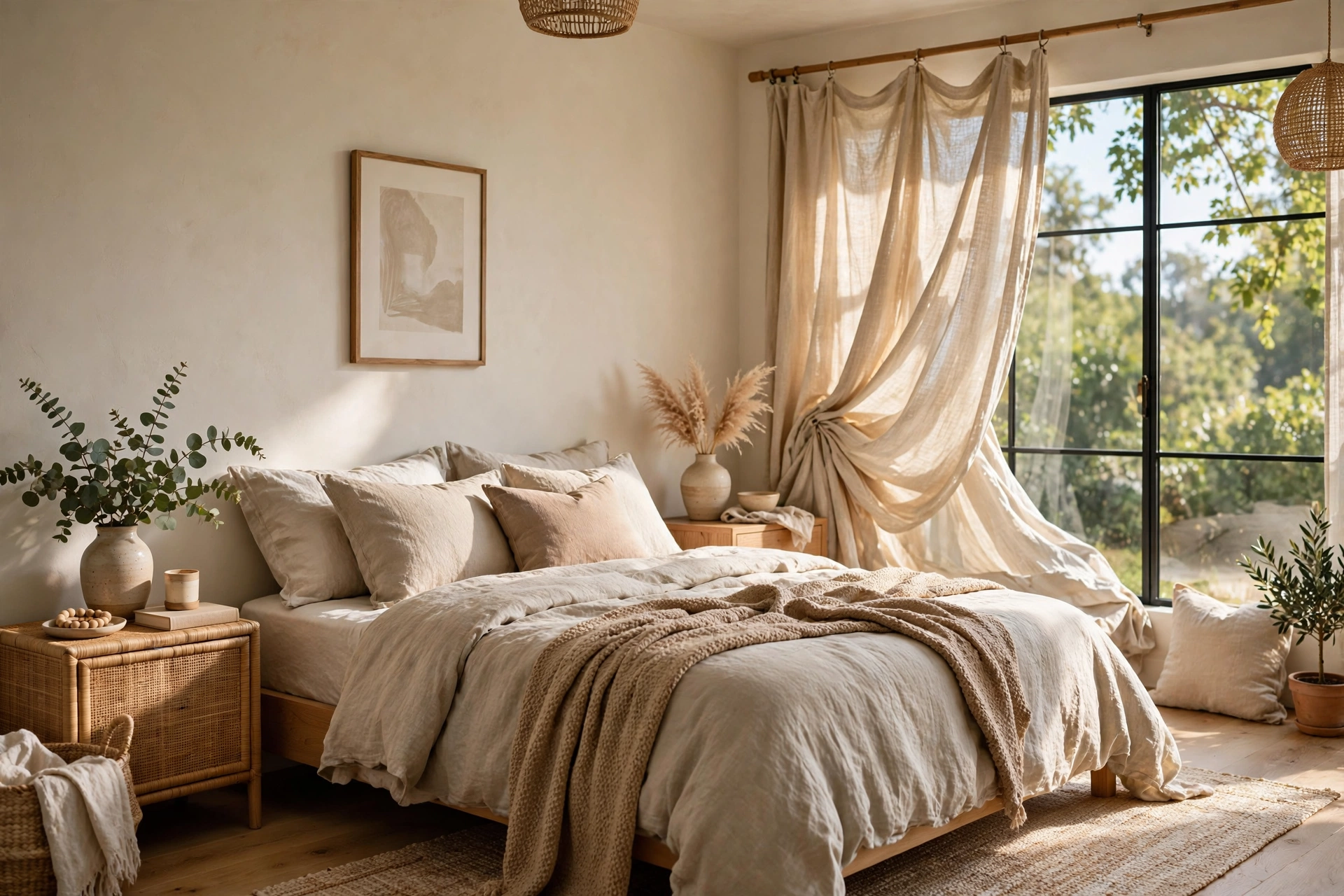 Relaxed Natural Linen Drapes Bright Bedroom