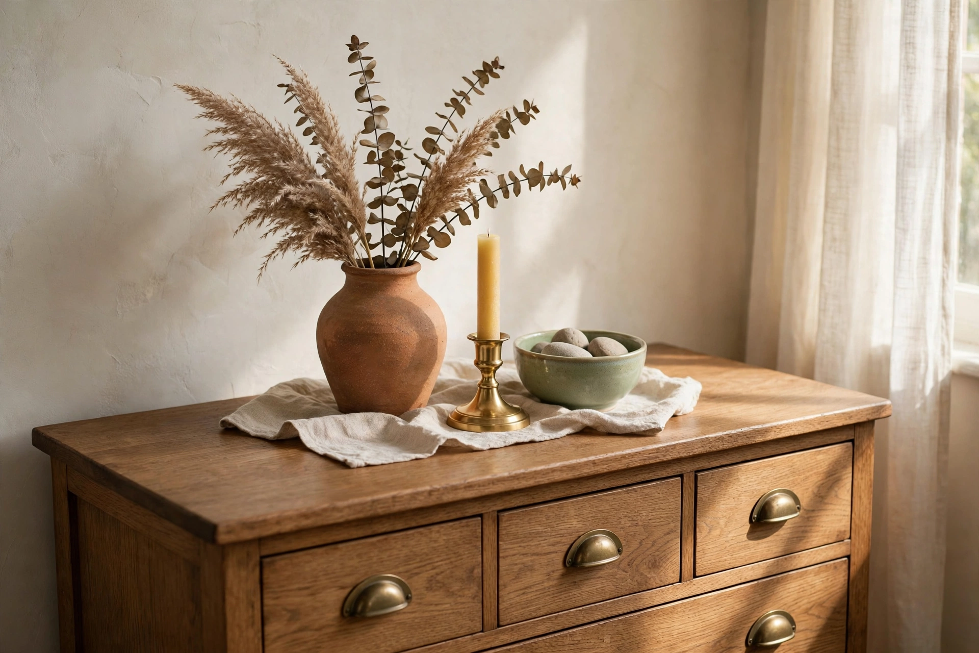 Three Decorative Objects Grouped on a Wooden Dresser