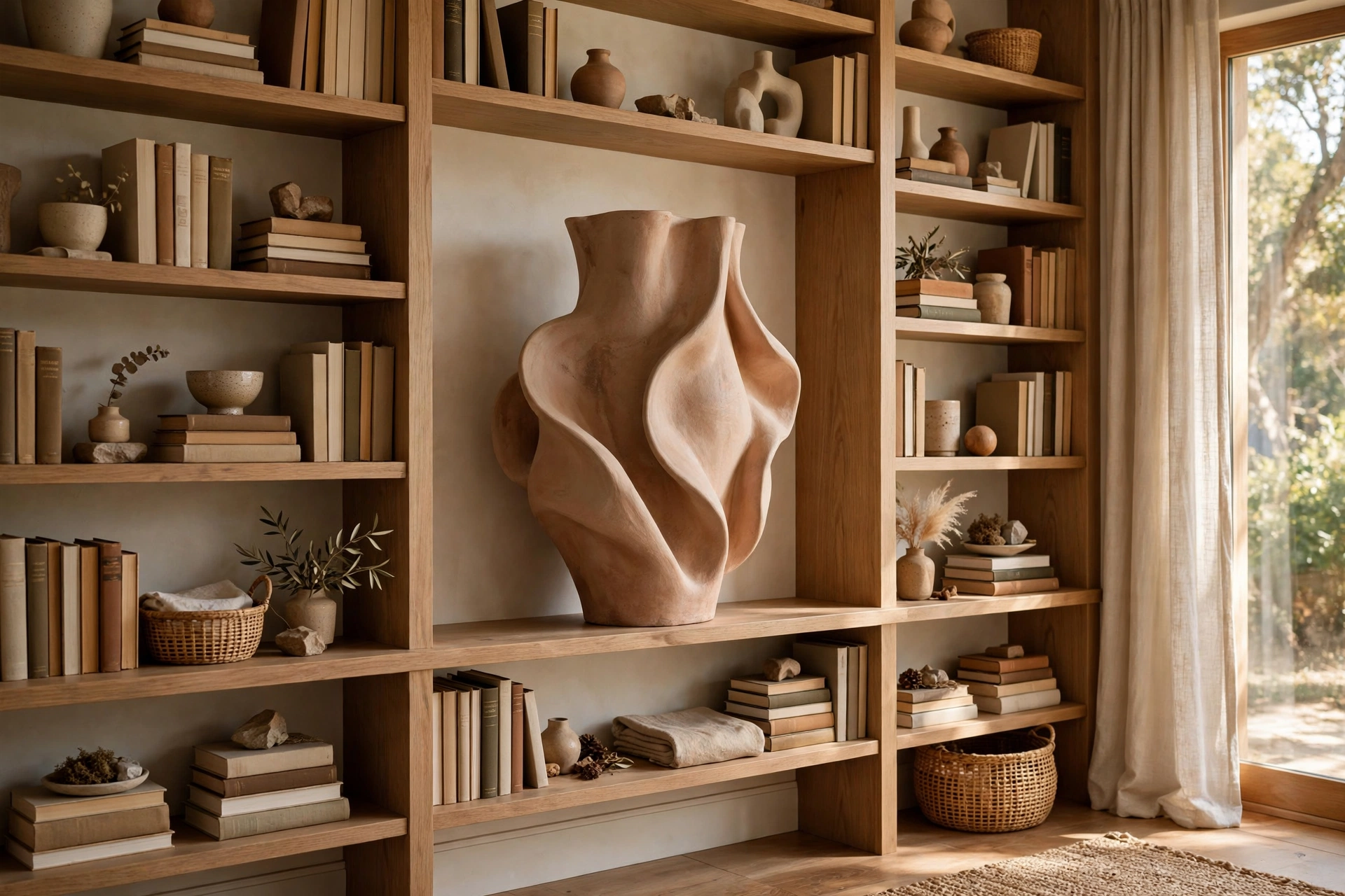 Bookshelf Styled Around One Large Sculptural Vase As Hero Piece