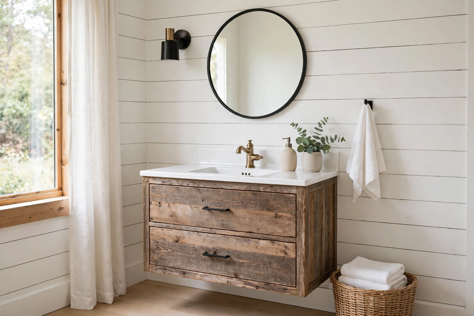 Reclaimed wood vanity with white porcelain sink in a shiplap farmhouse bathroom