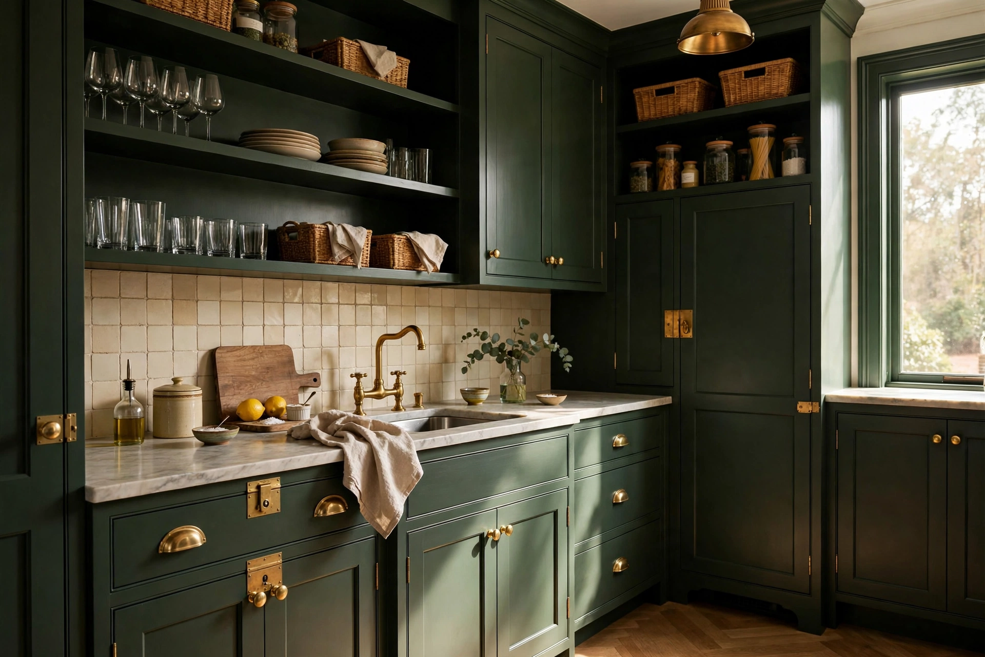 Moody Dark Green Cabinetry With Brass Hardware In A Butler's Pantry