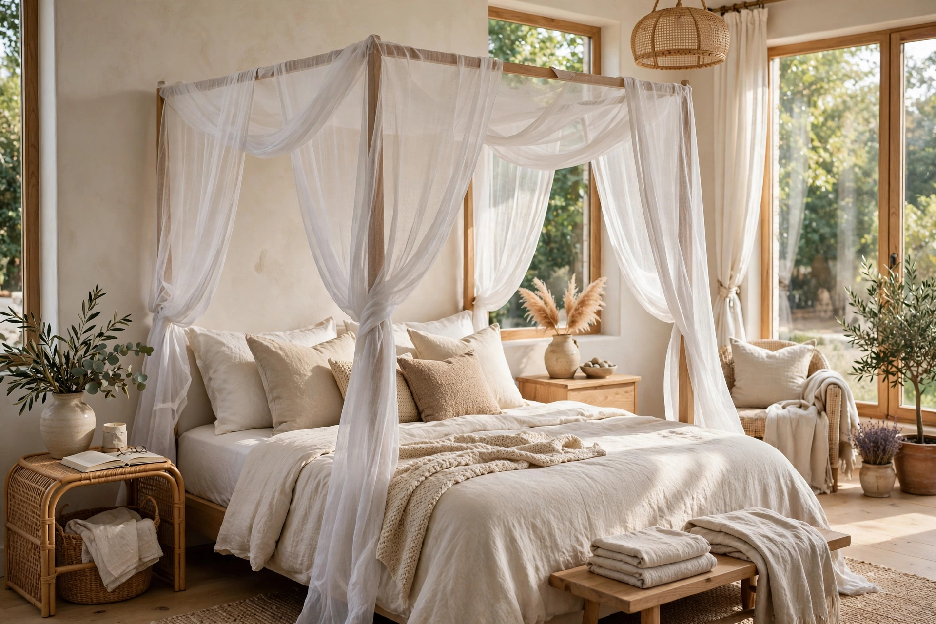 Draped Sheer White Canopy Bed Bedroom