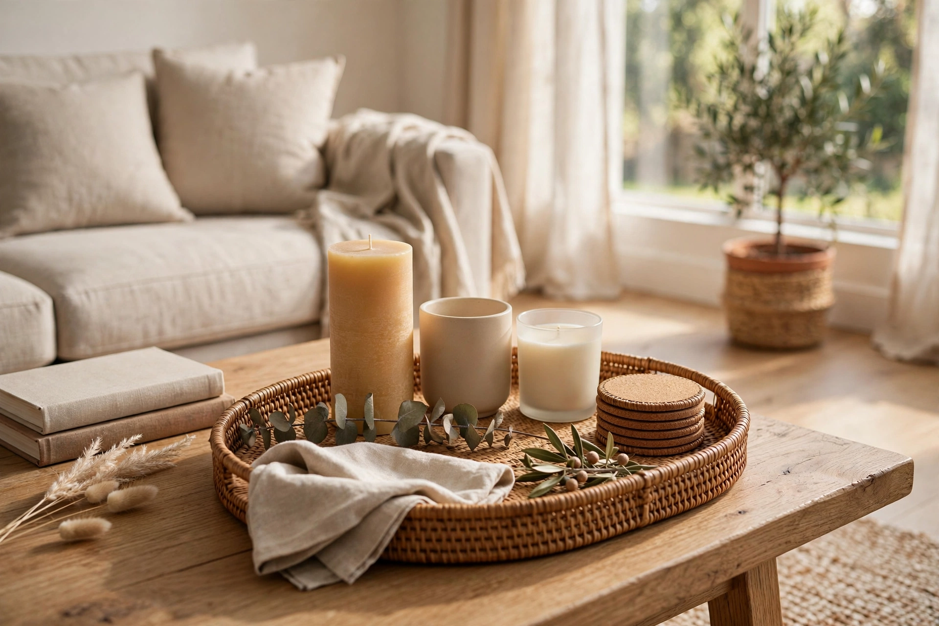 Decorative Tray Corraling Candles and Coasters on Coffee Table