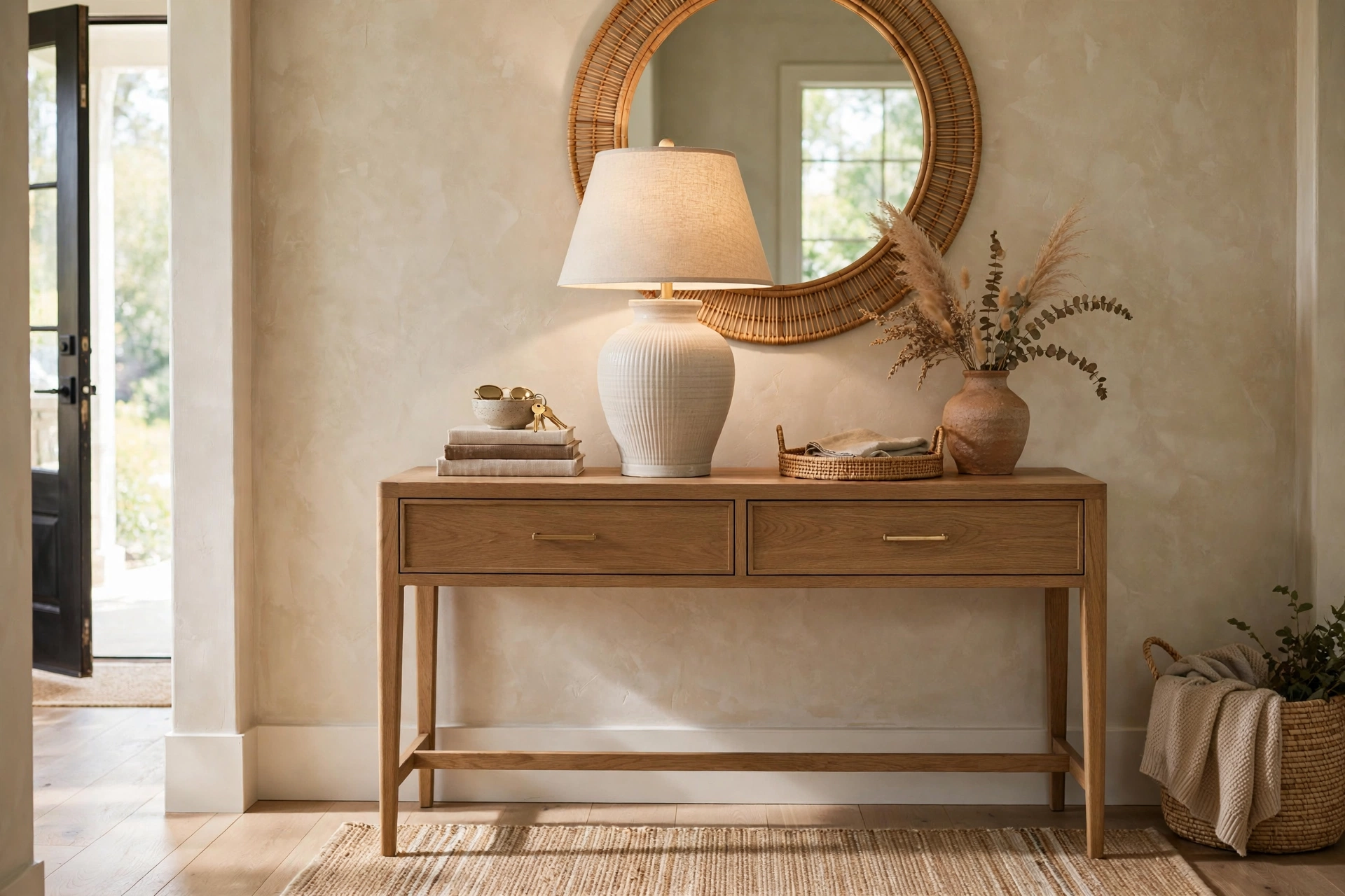 Entryway Console Table Anchored By A Ceramic Table Lamp