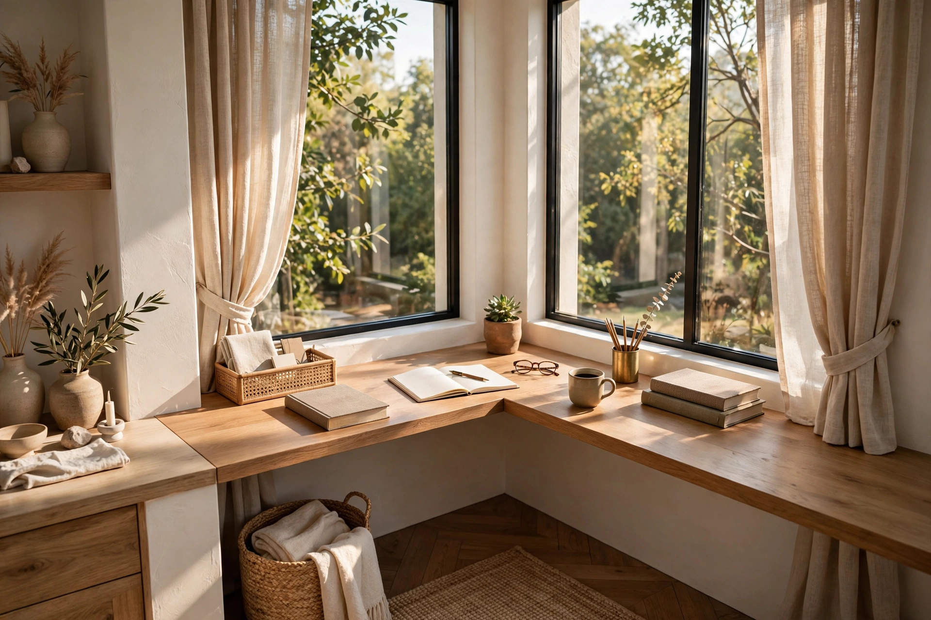 Corner Desk By A Large Window With Daylight Streaming In