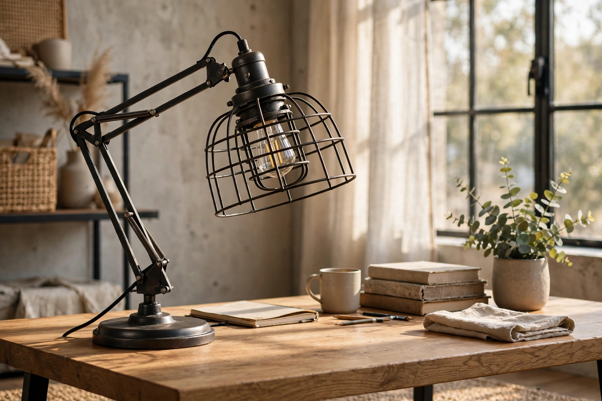 Industrial Metal Desk Lamp With Cage Shade