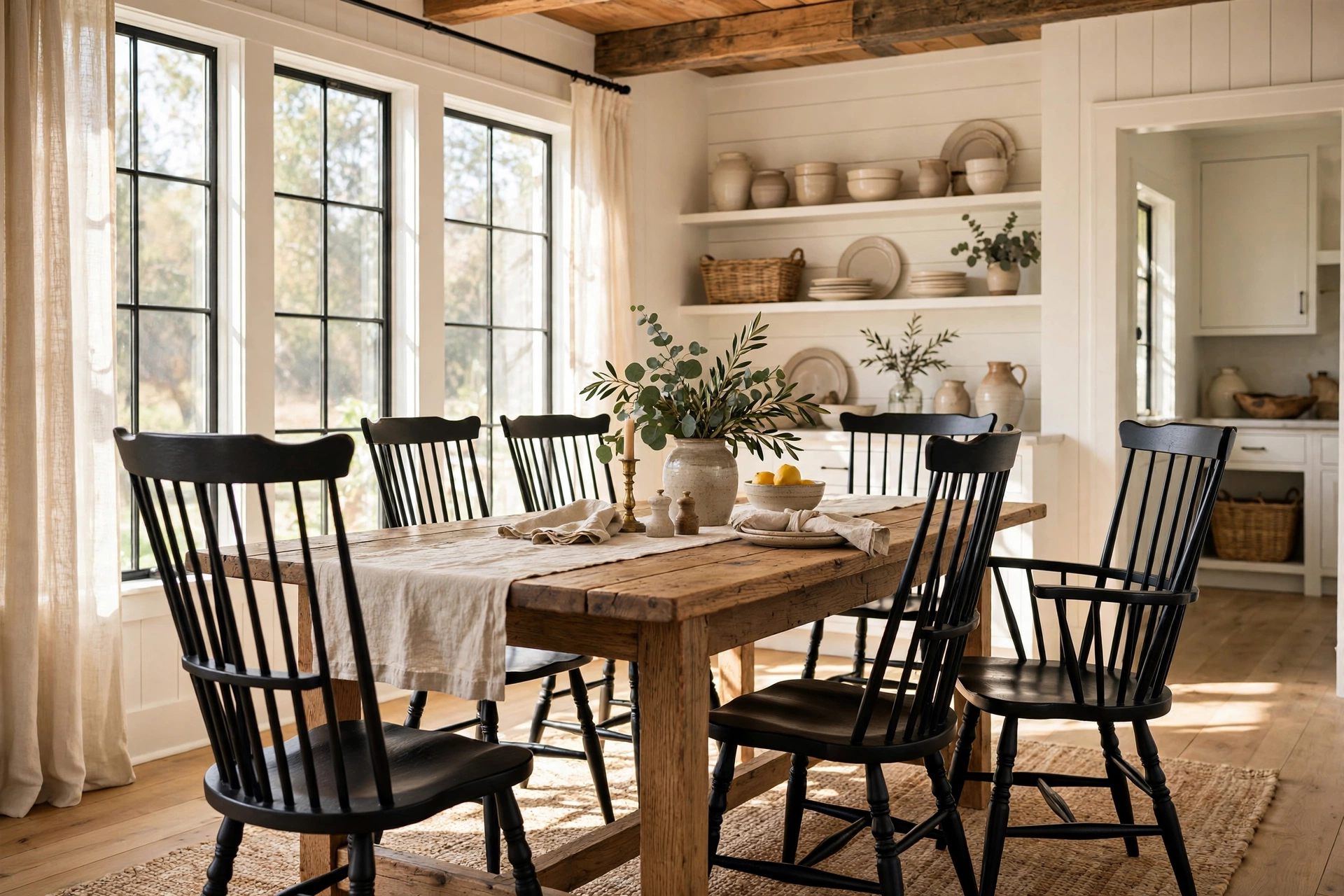 Black Windsor Chairs in a Bright Farmhouse Dining Room