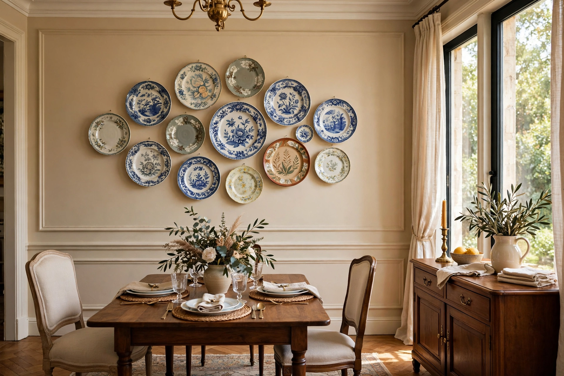 Decorative Ceramic Plate Wall Display in a Classic Dining Room