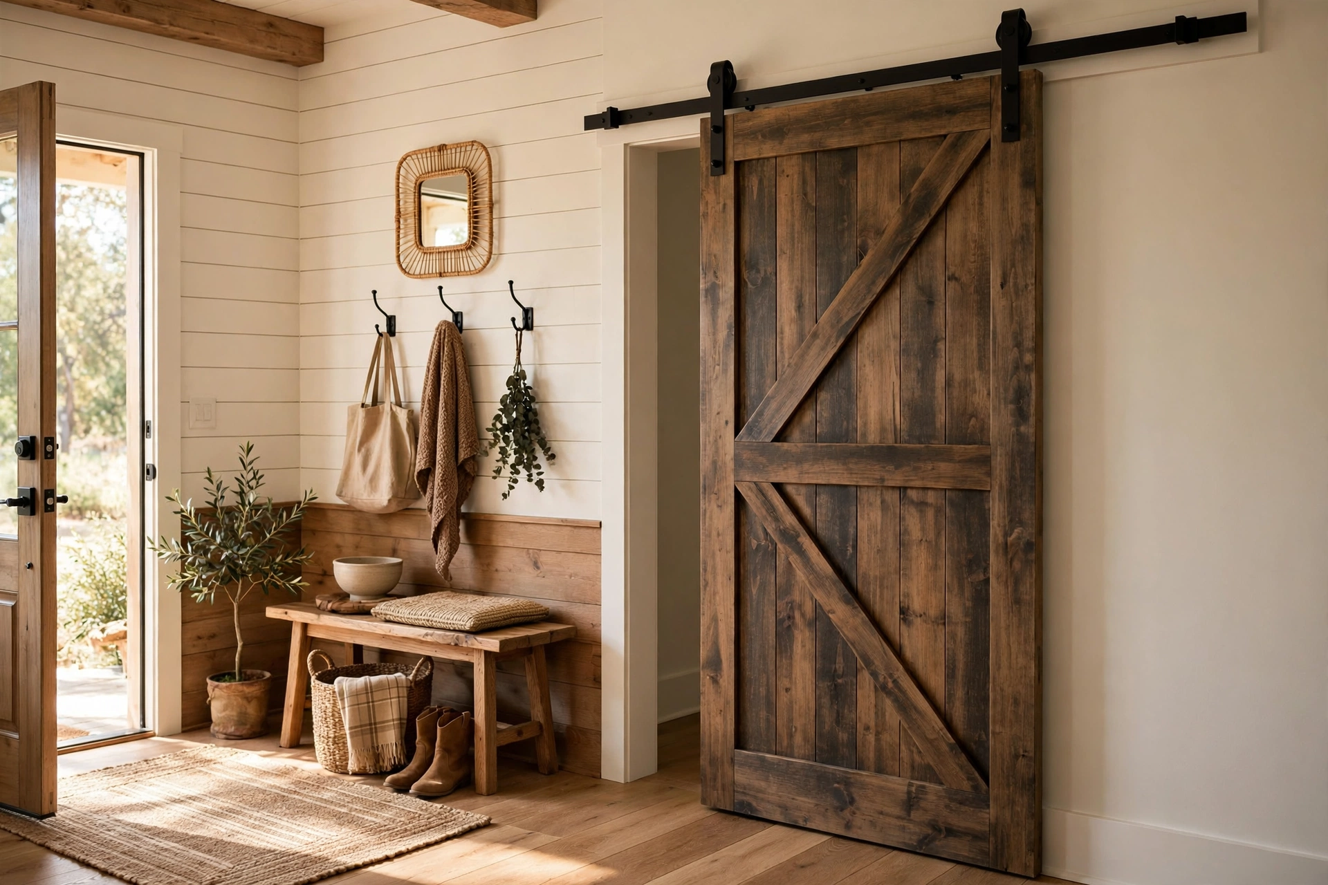 Sliding Barn Door in a Farmhouse Entryway