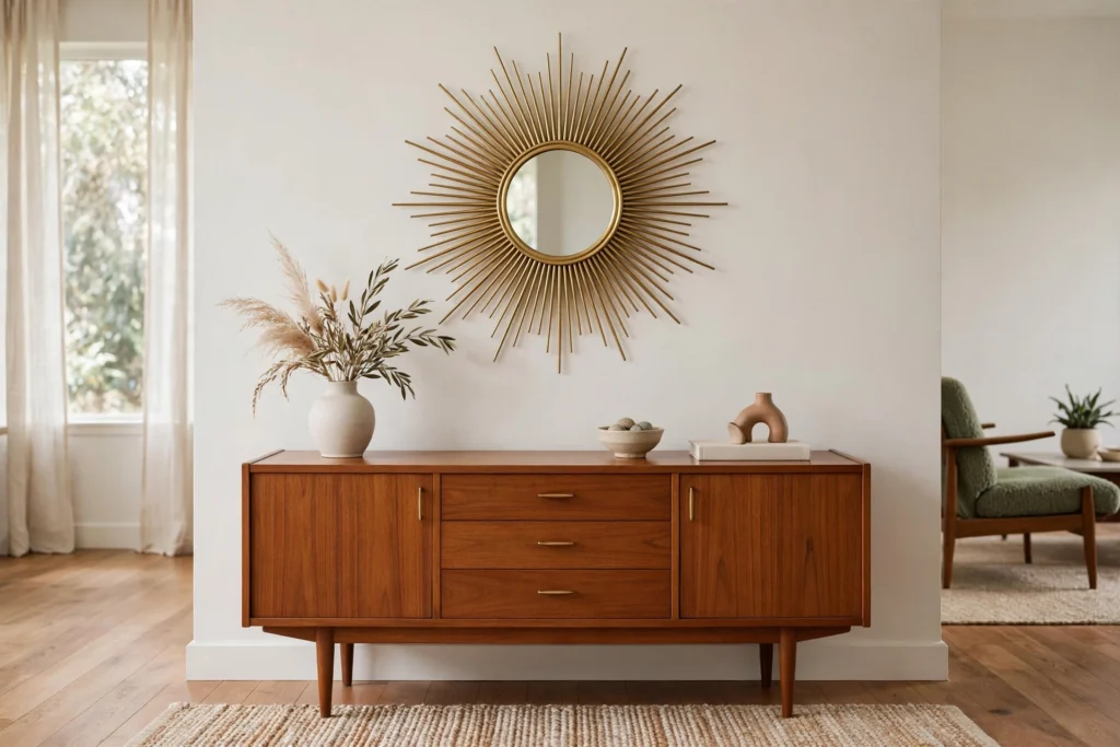 Brass starburst mirror above a teak credenza in a mid-century modern living room