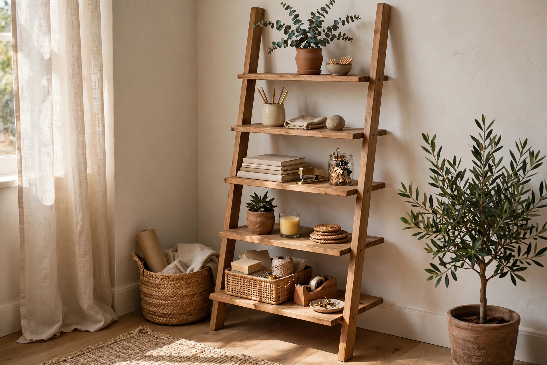 Wooden Ladder Shelf With Office Supplies And Decor In A Corner