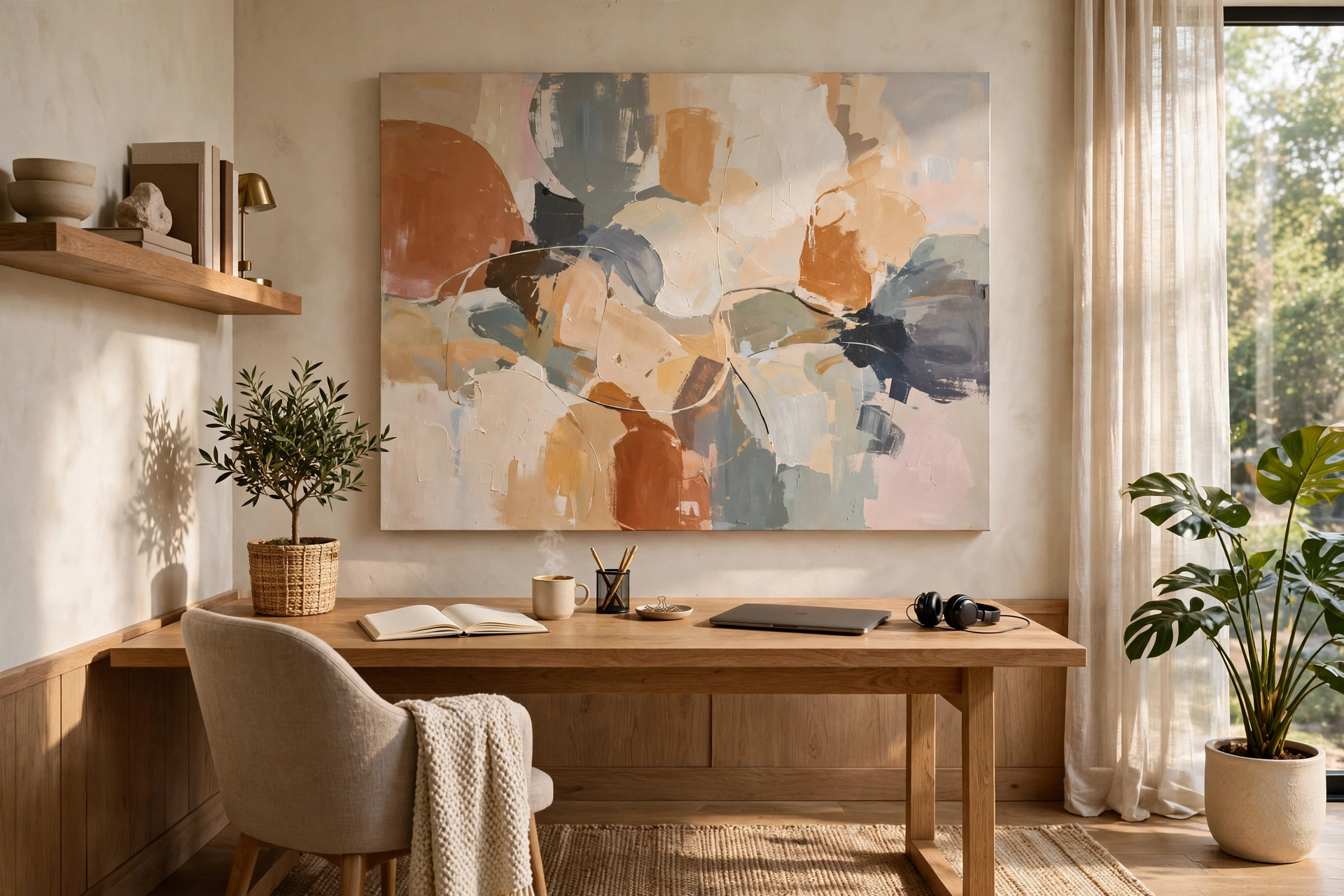 Home Office With Oversized Abstract Canvas On Wall