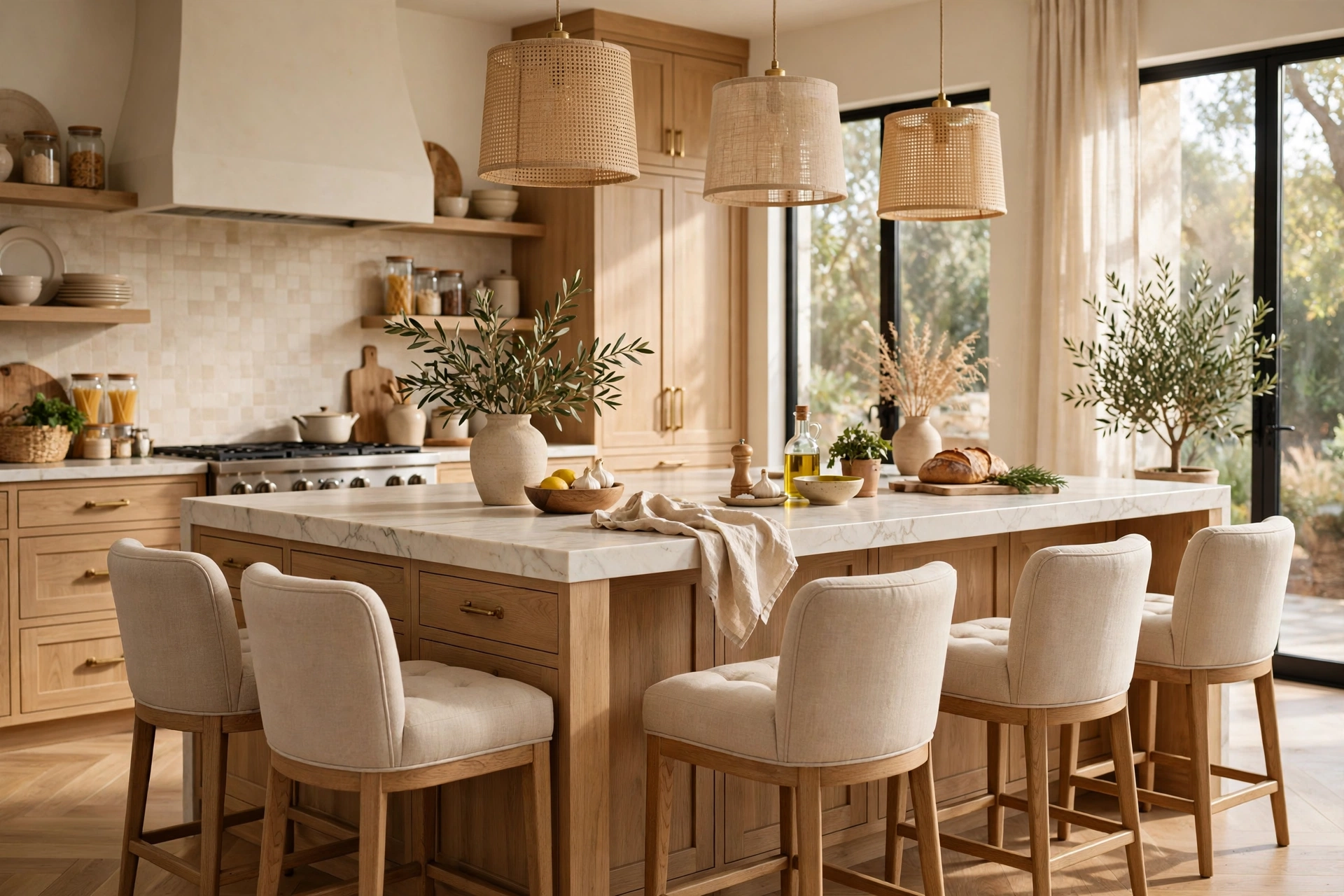 Kitchen Island With Upholstered Stools For Extra Comfort