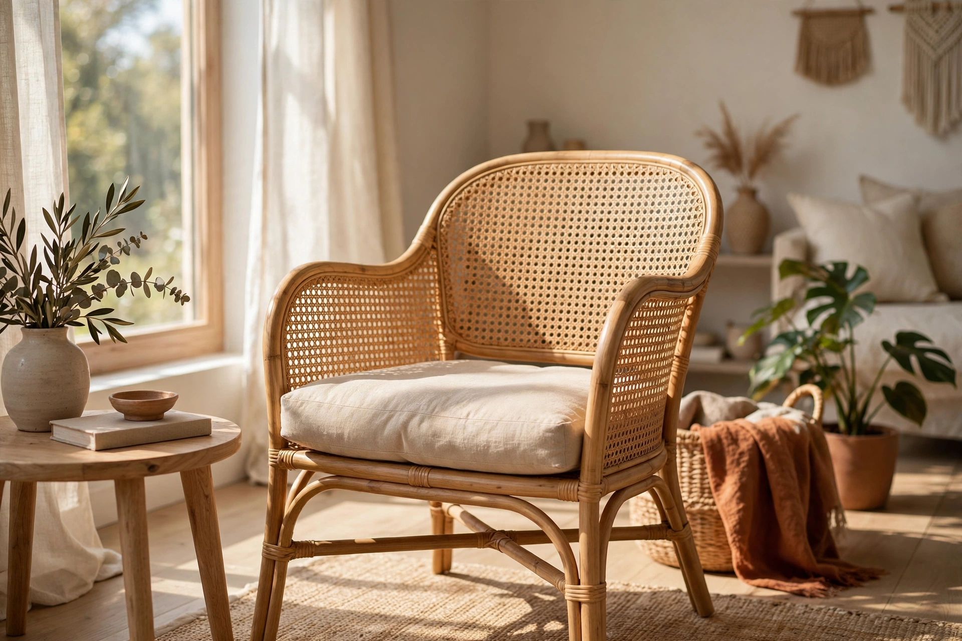 Rattan Cane Accent Chair With Cushion In A Sunlit Living Room
