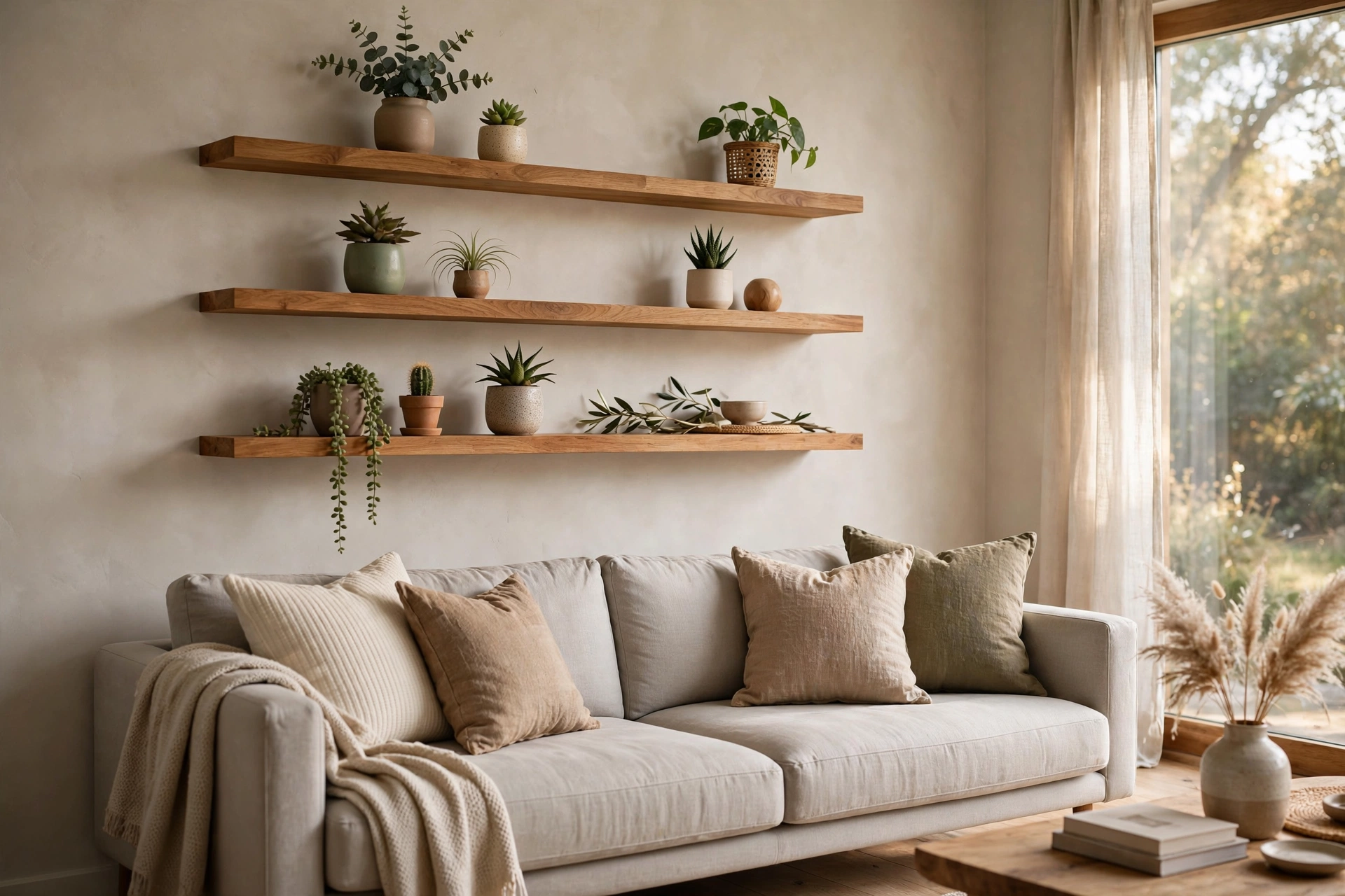 Wooden Floating Shelves Above A Sofa Styled With Small Potted Plants