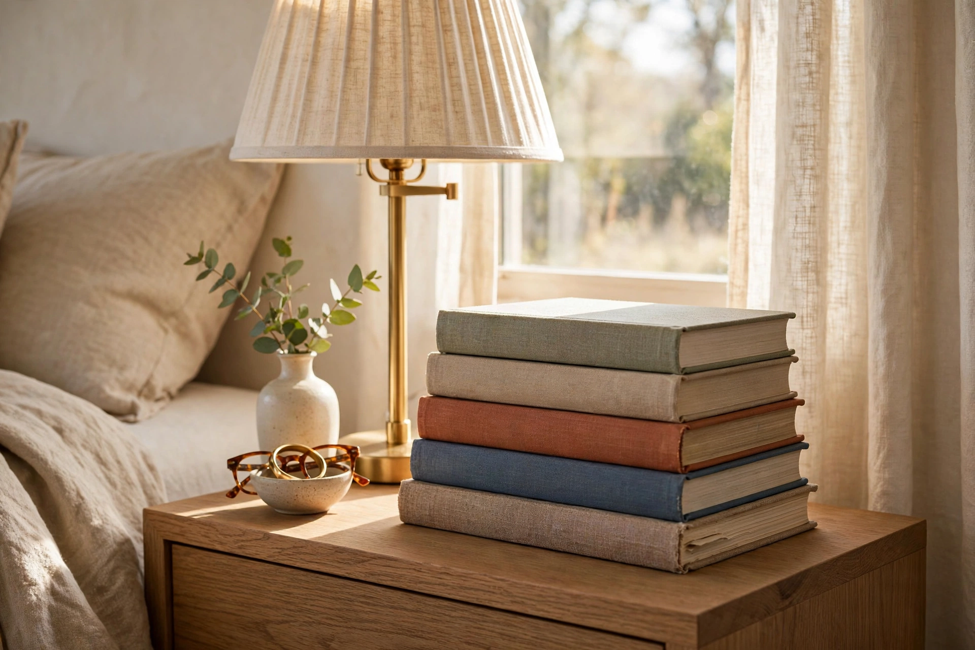 Stack Of Books On Bedside Table Next To Lamp