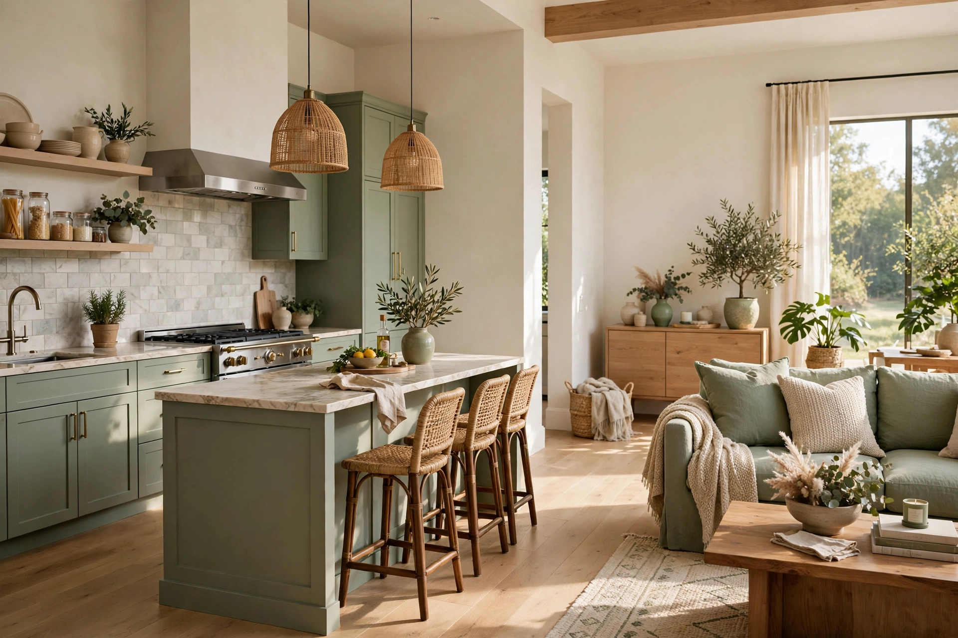 Open Concept Kitchen And Living Room With Matching Sage Green Accents