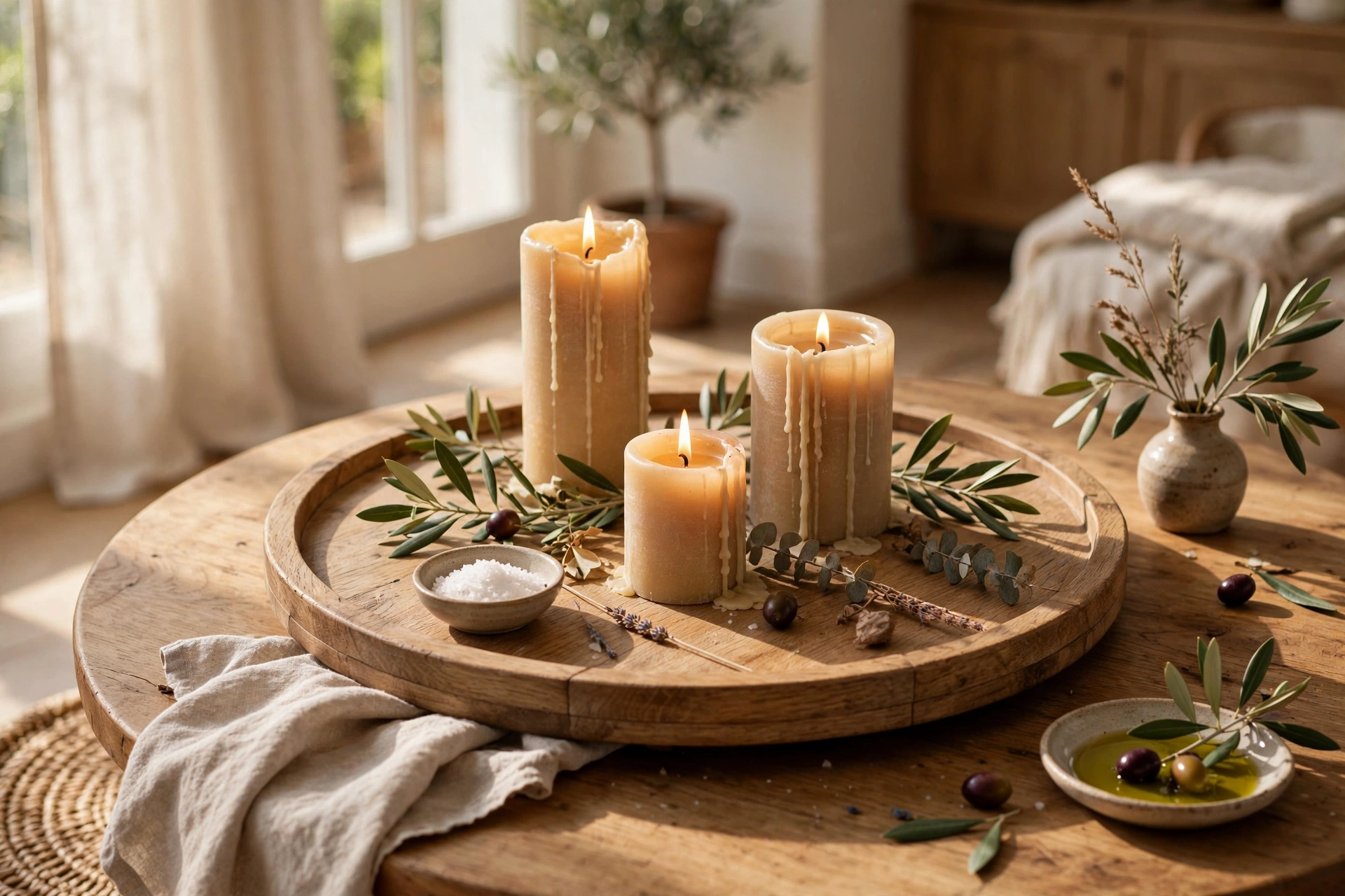 Wooden Lazy Susan Tray With Candles on a Round Table