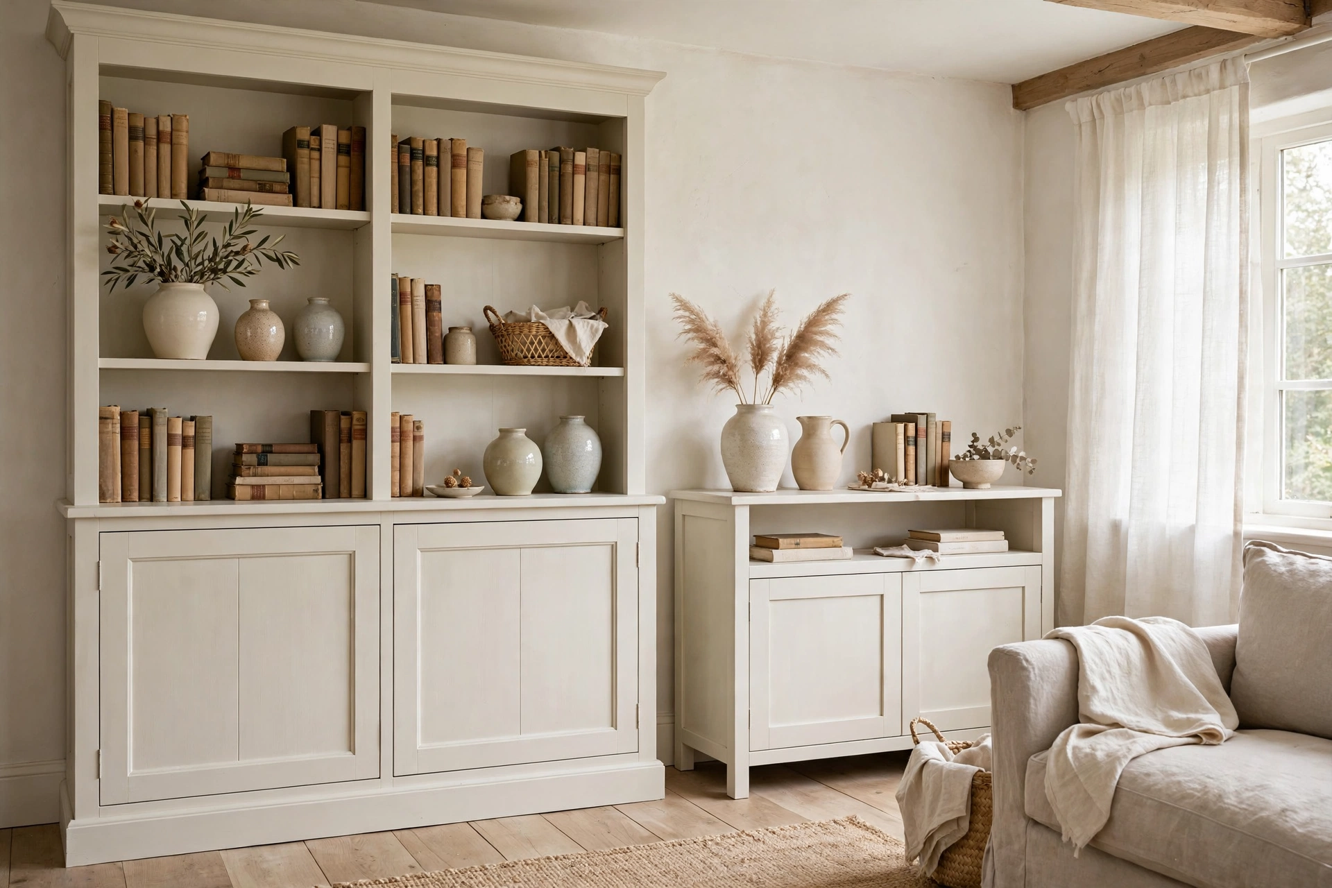 Cream painted wood bookcase and sideboard with vintage books in cottage living room