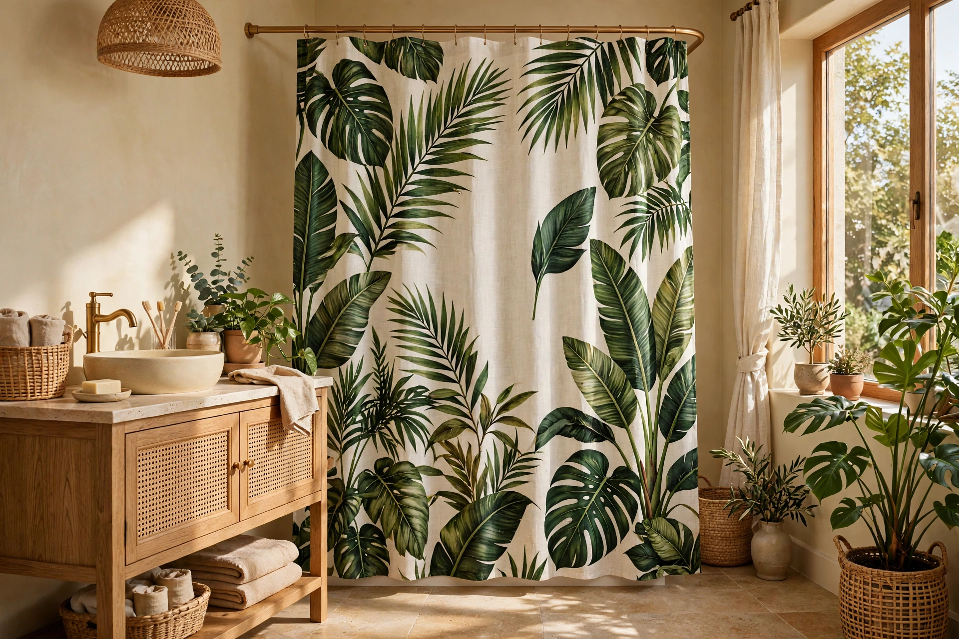 Bold Botanical Print Shower Curtain With Tropical Leaves