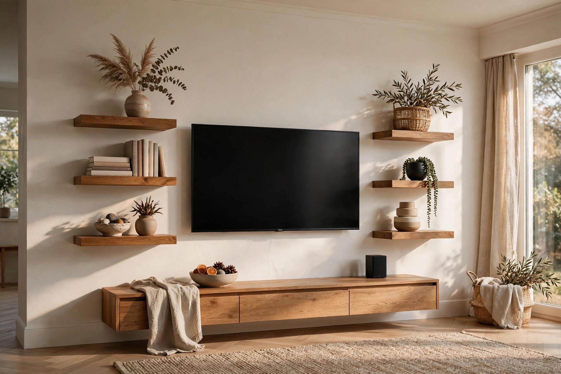 Floating Wood Shelves Flanking A Wall Mounted TV