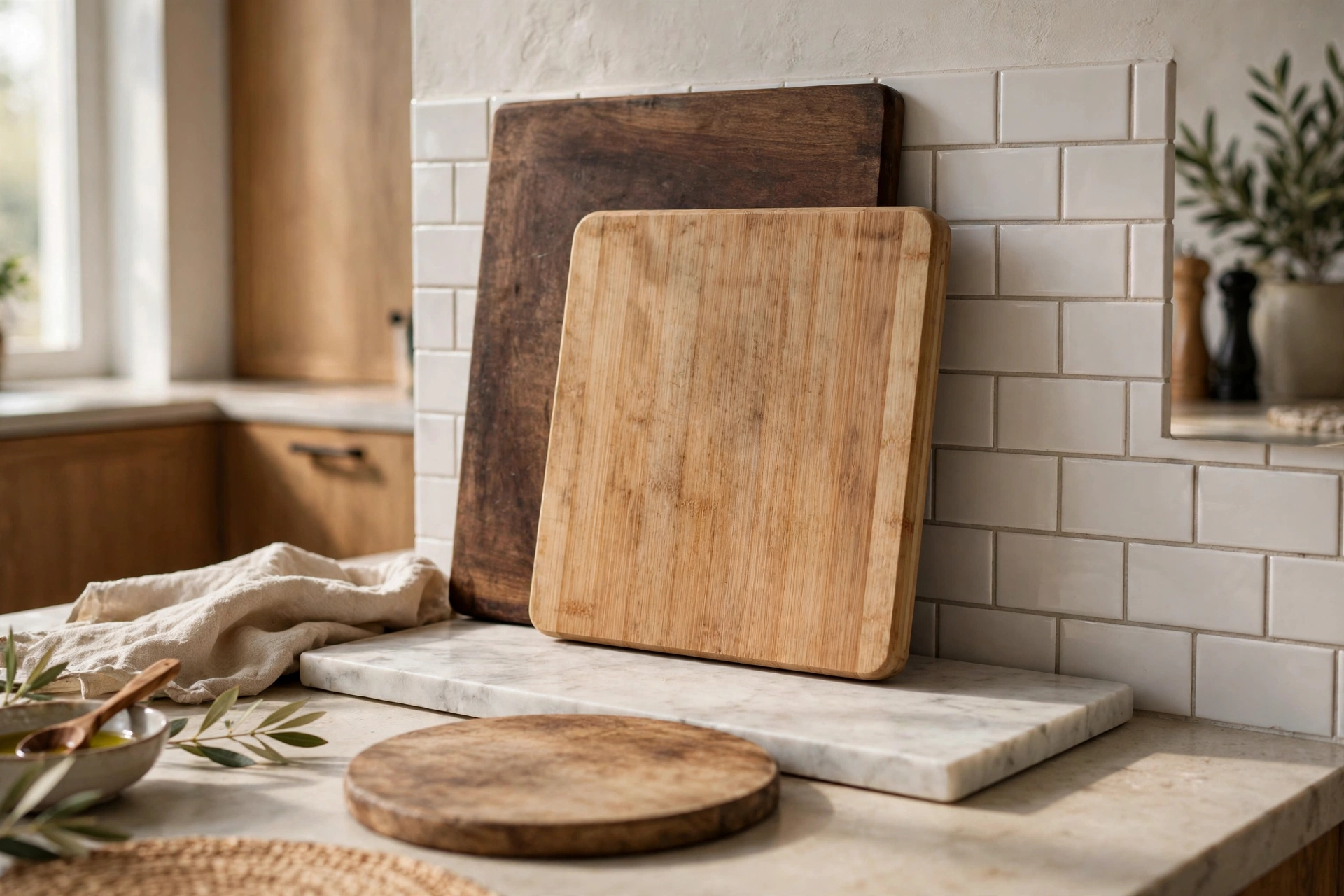 Layered Cutting Boards Styled Against Kitchen Backsplash